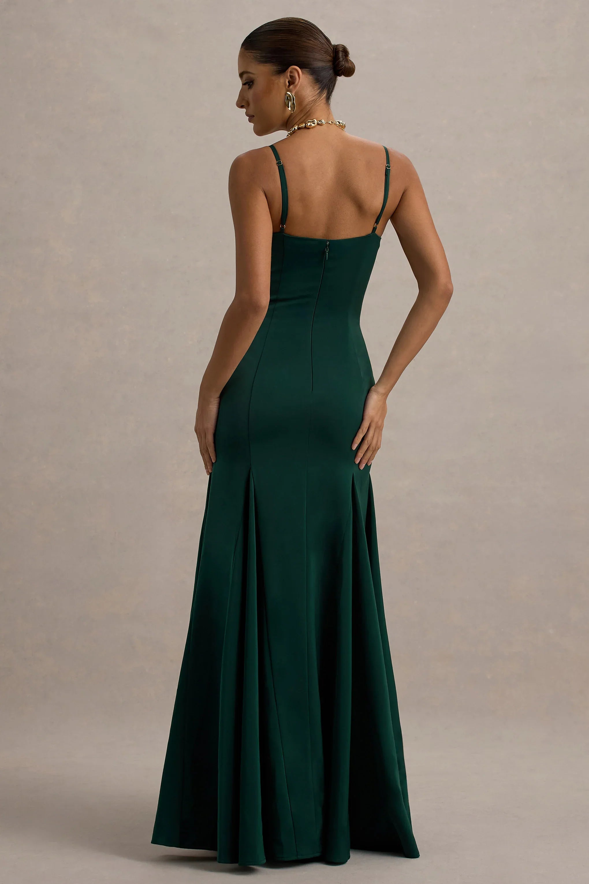 Ashly Bottle Green Satin Maxi Dress With Volume Hem