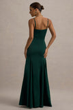 Ashly Bottle Green Satin Maxi Dress With Volume Hem