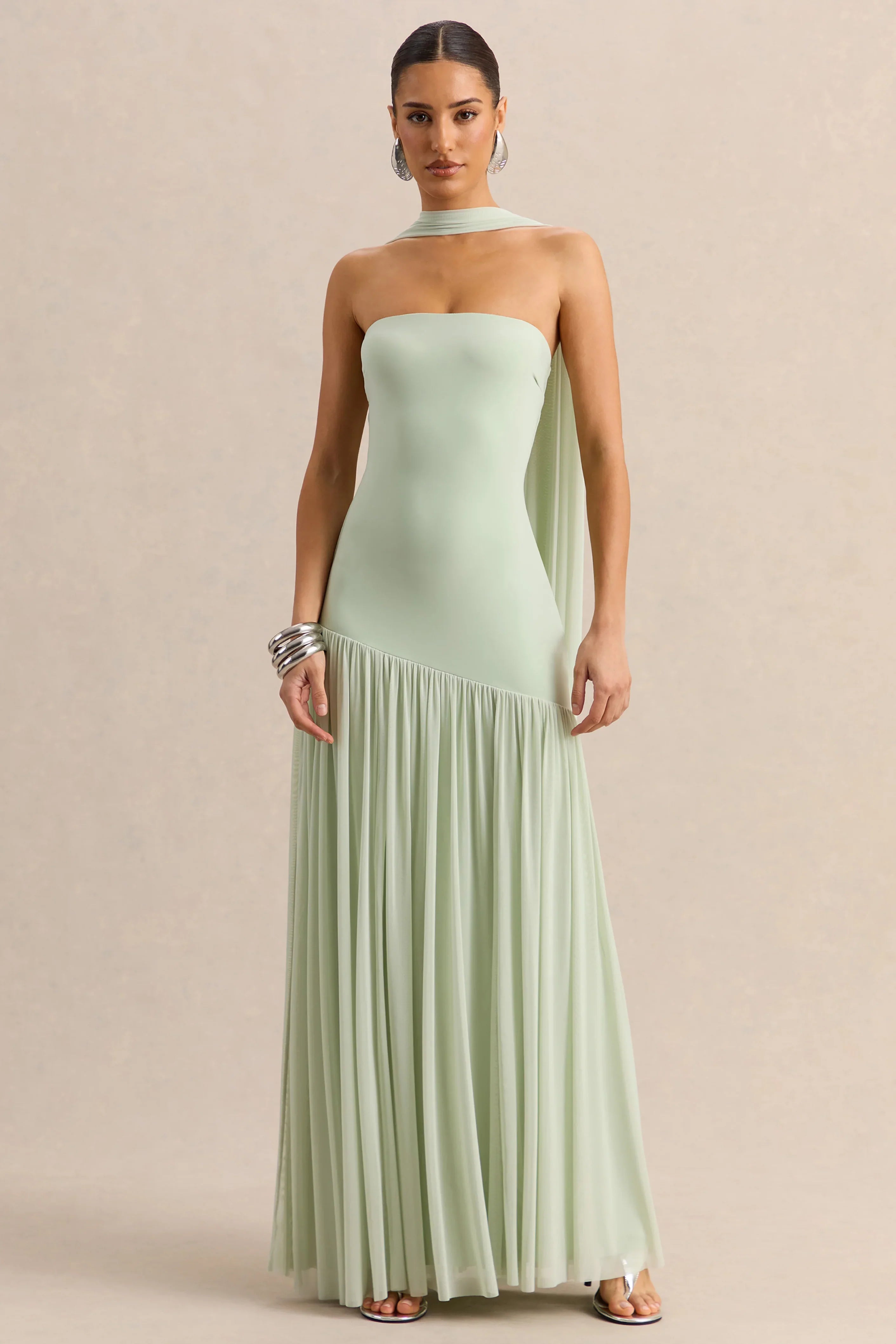 Bambi Mint Bandeau Maxi Dress With Scarf Detail