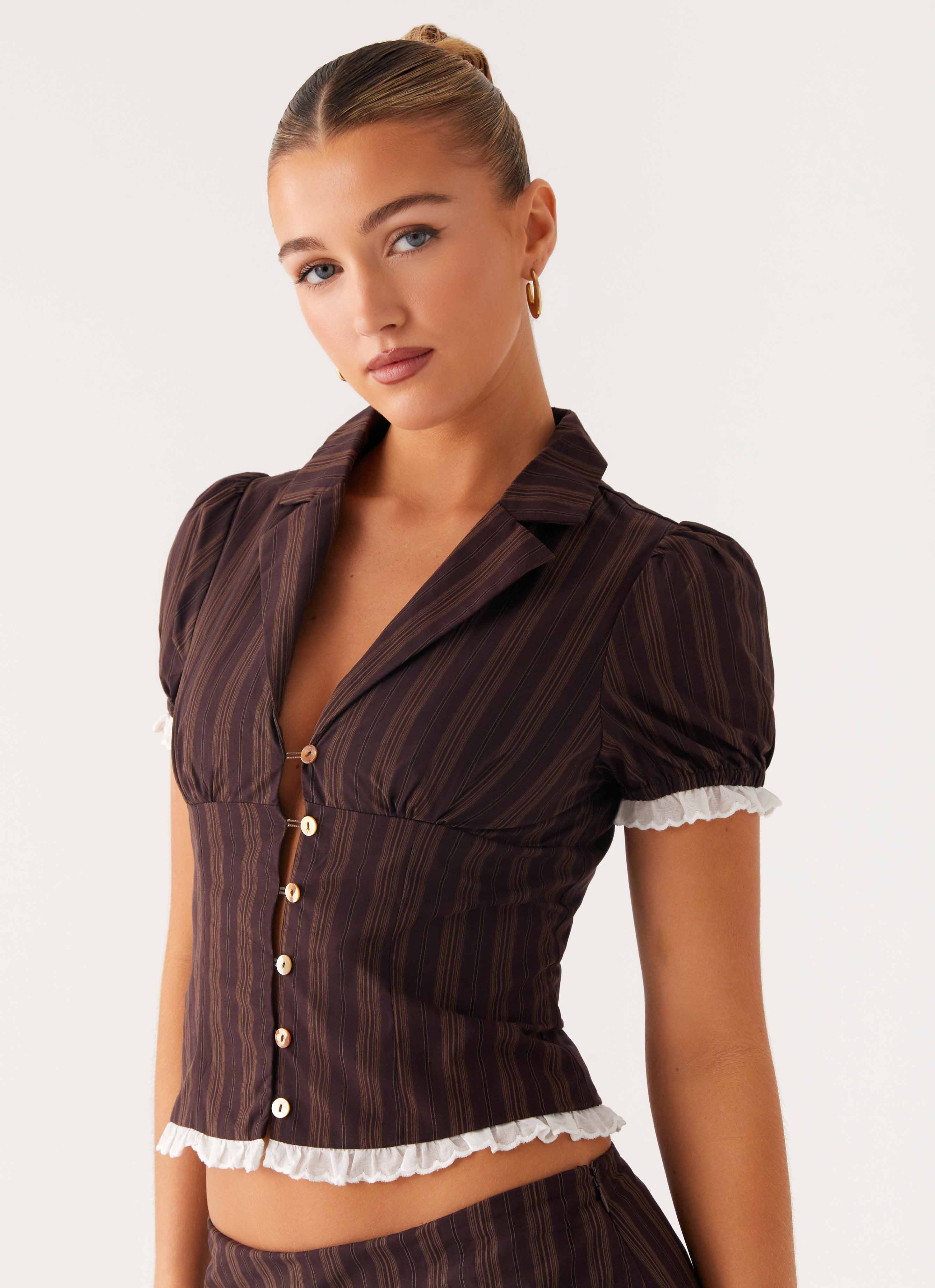 Bennett Button Up Top Toffee Stripe
