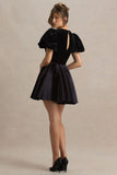 Priya Black Velvet Mini Dress With Puff Sleeves