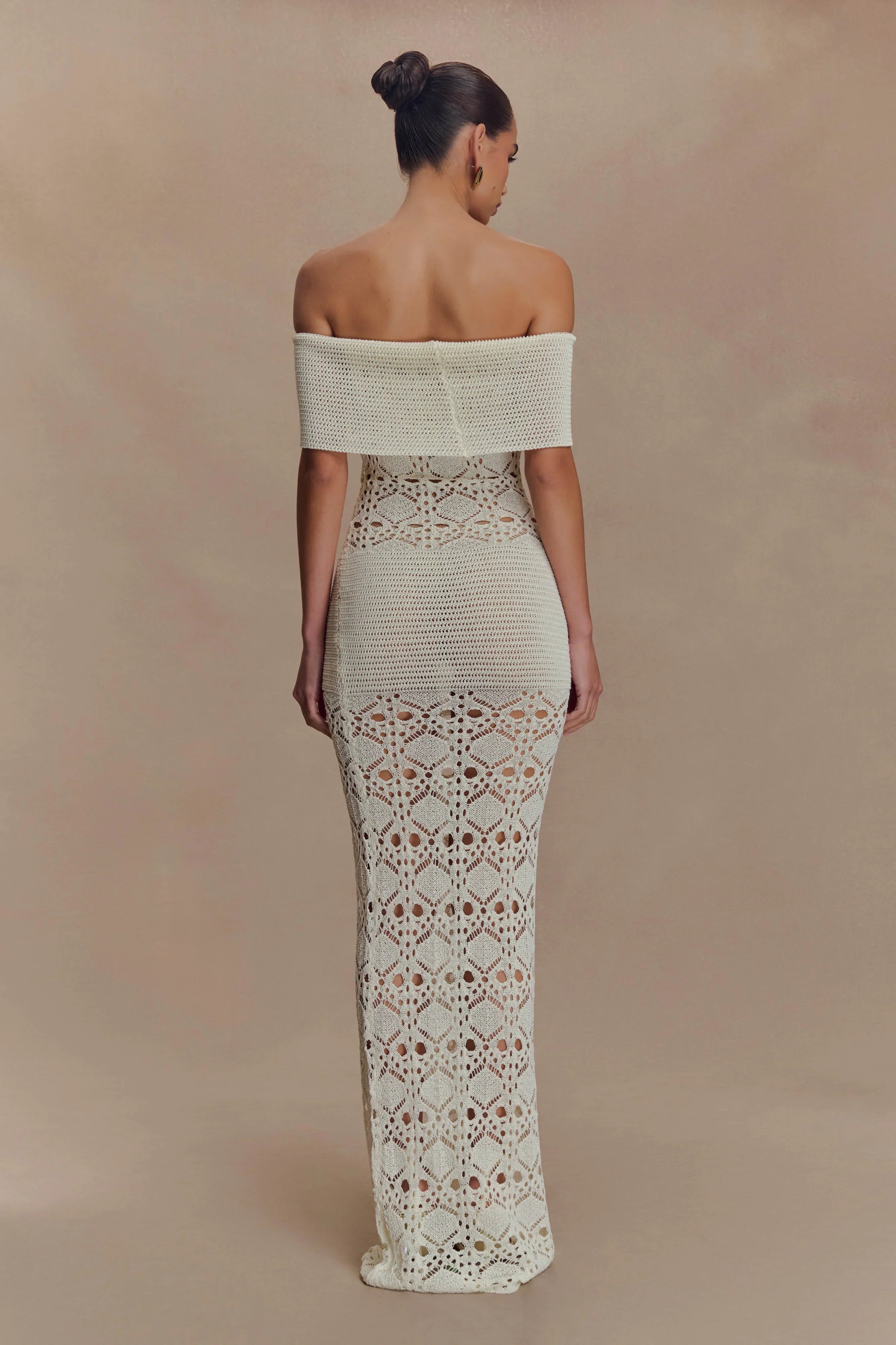 Solstice Off Shoulder Crochet Knit Maxi Dress Ivory