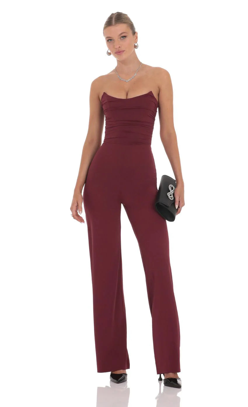 Strapless Pointed Corset Jumpsuit in Burgundy