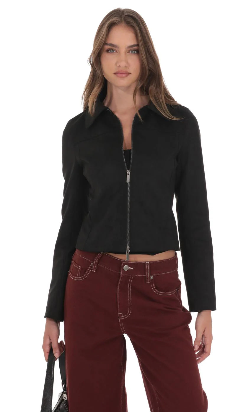 Suede Zip Up Jacket in Black