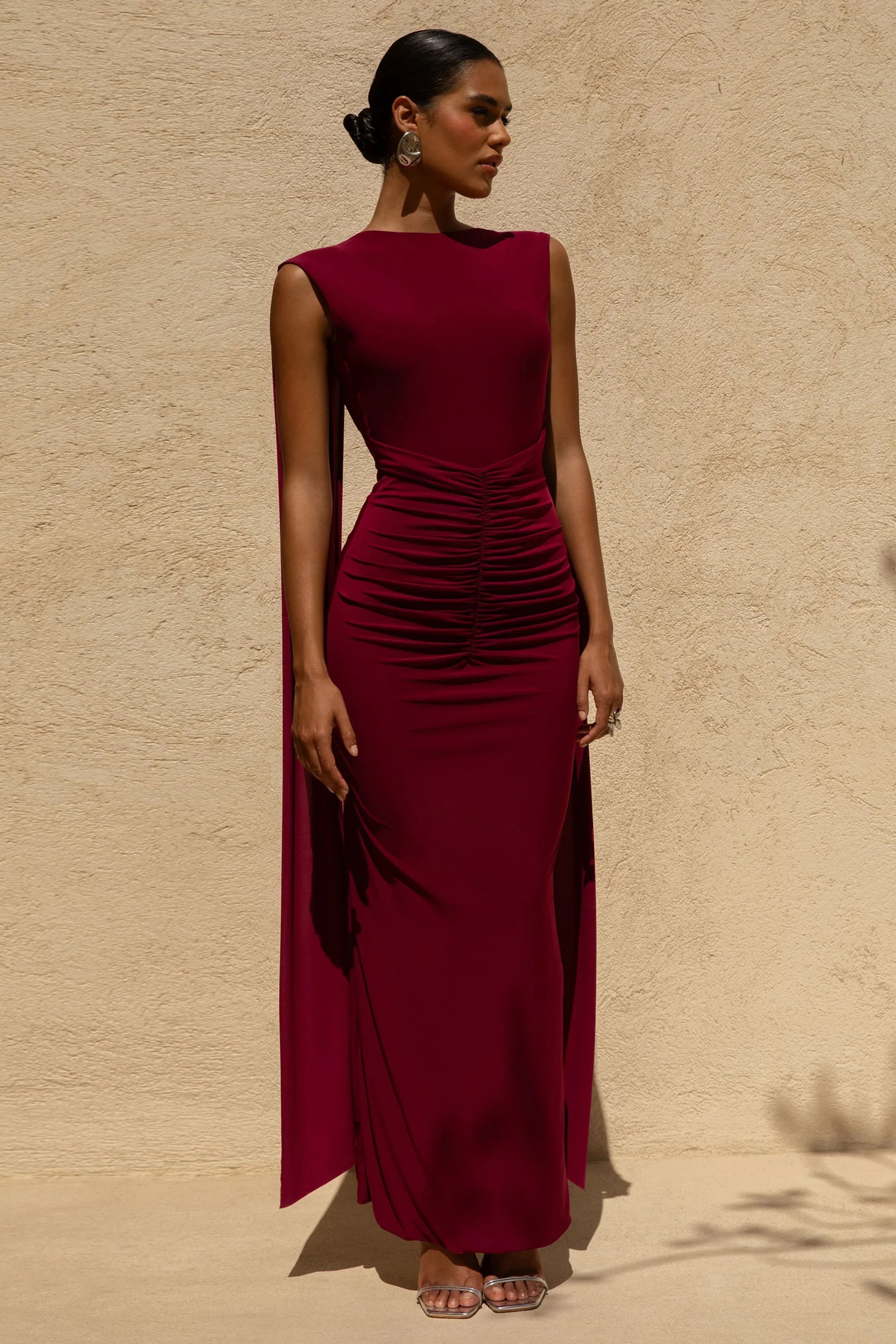 Saige Burgundy Cap Sleeve Gathered Maxi Dress