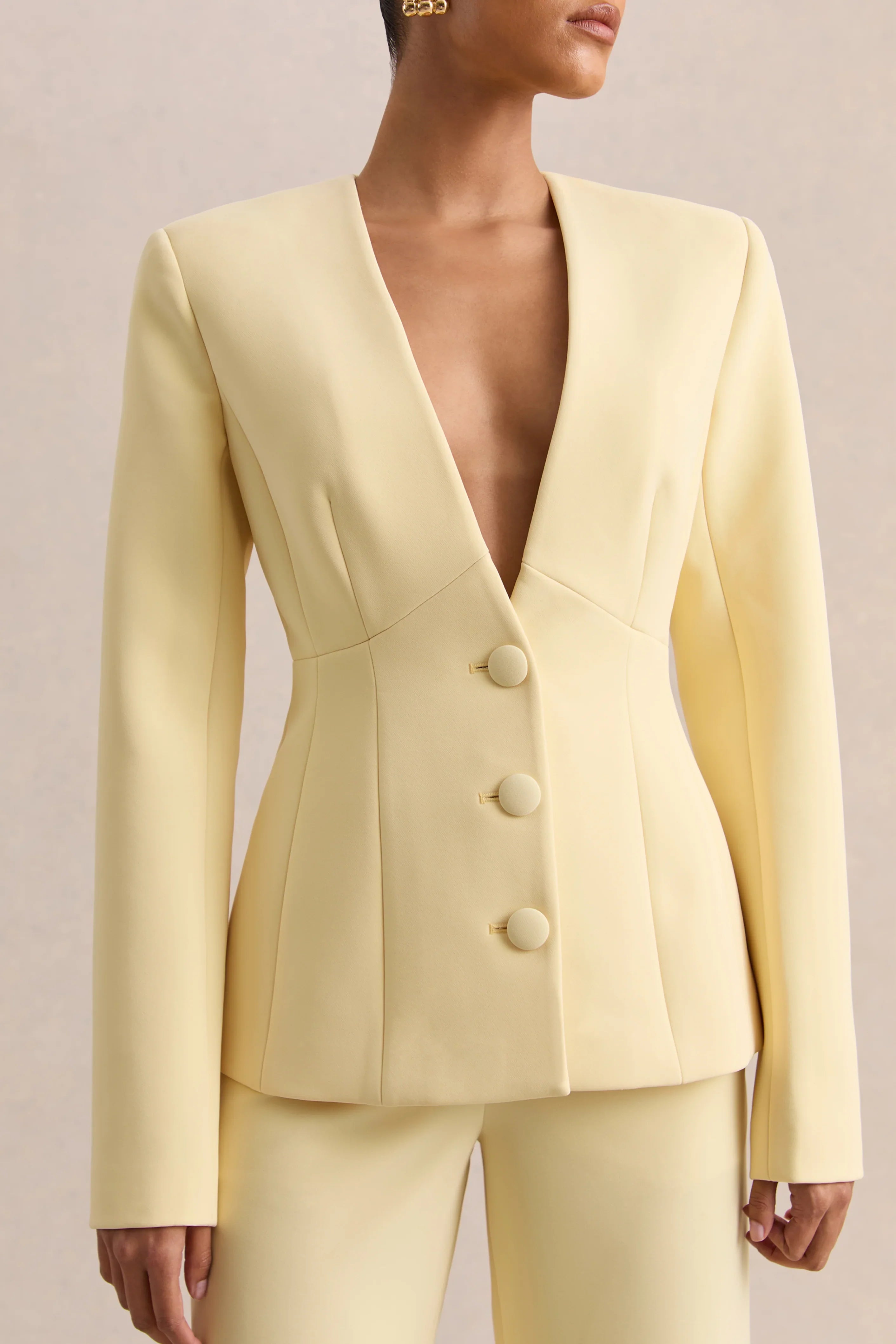 Rosalina Lemon Extreme Plunge Neck Tailored Blazer