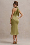 Violette Olive Satin High Neck Split Midi Dress
