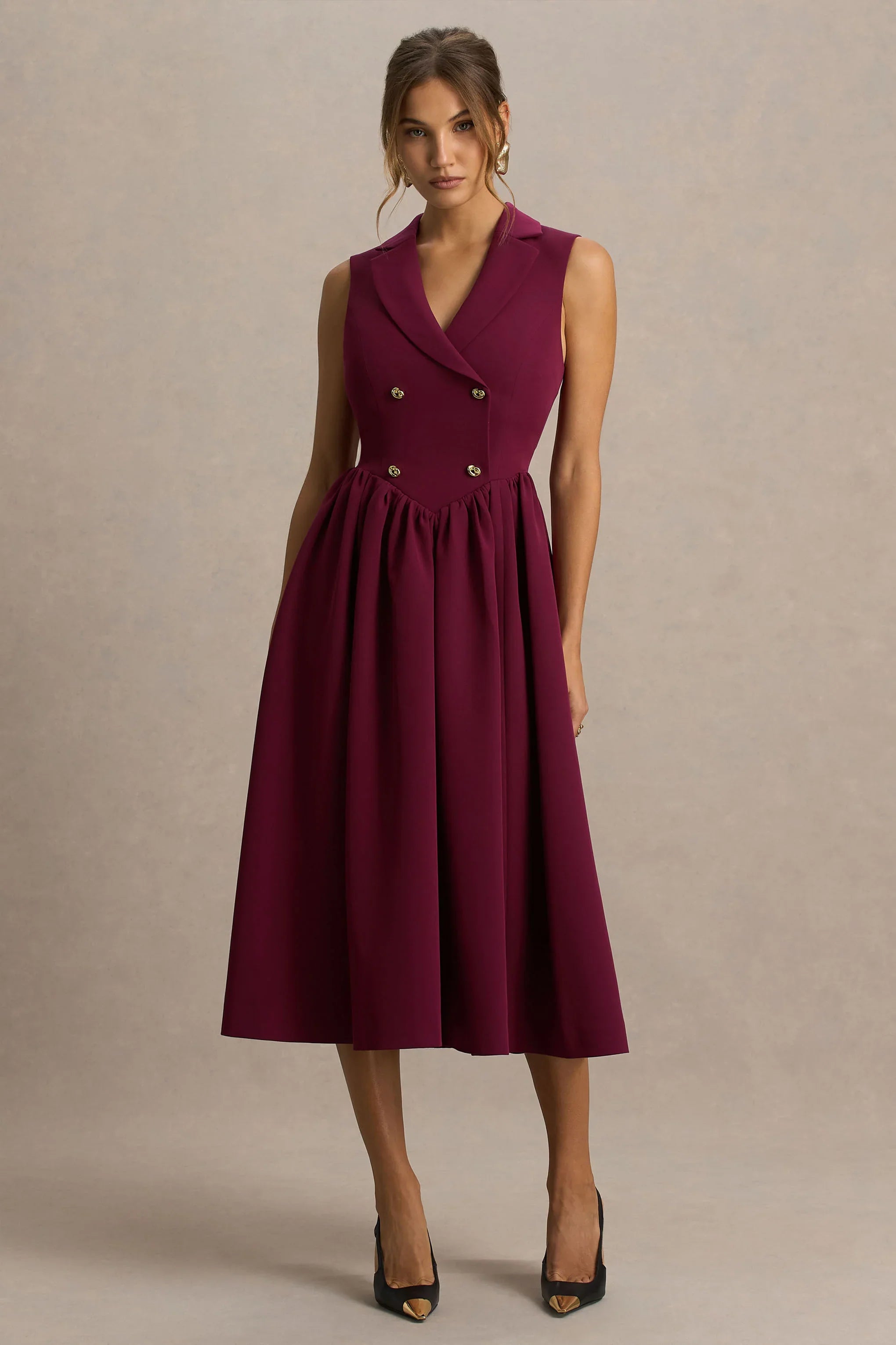 Lisa Burgundy Plunge Neck Tailored Midi Dress With Button Detailing