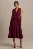 Lisa Burgundy Plunge Neck Tailored Midi Dress With Button Detailing