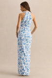 Quinn Blue Porcelain Print Plunge Neck Tailored Maxi Dress