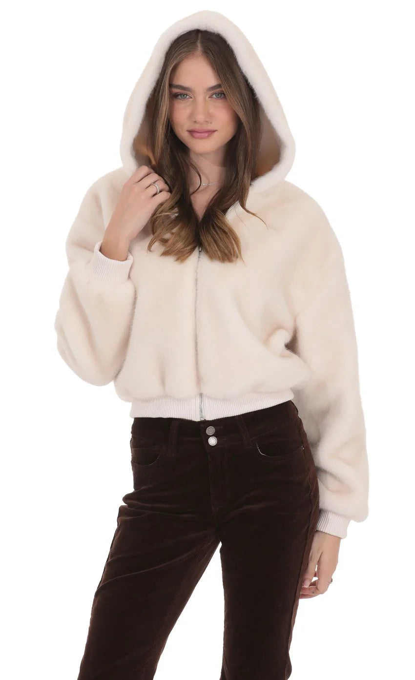 Fuzzy Zip Up Hoodie in Ivory