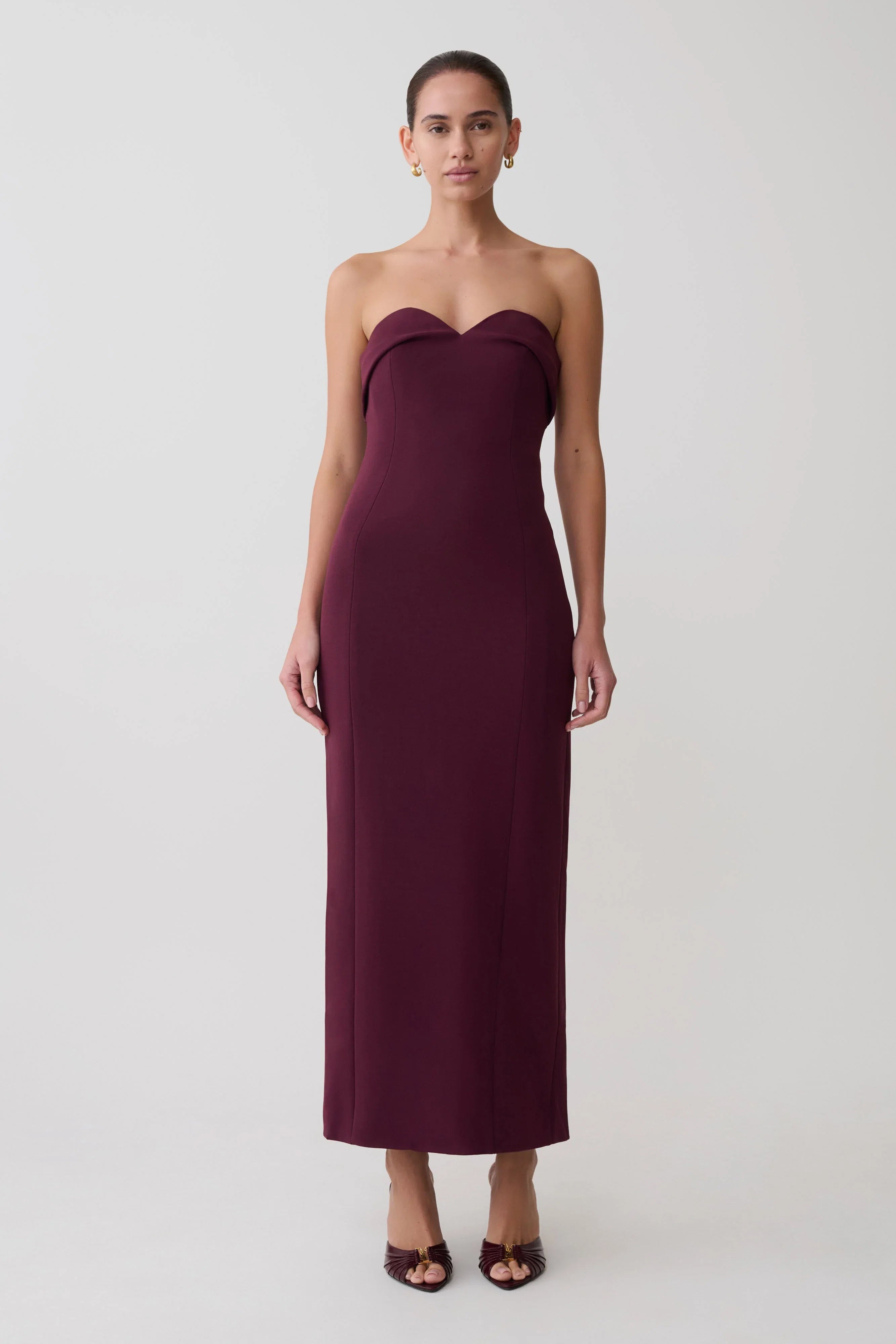Cary Folded Strapless Crepe Midi Dress Wine