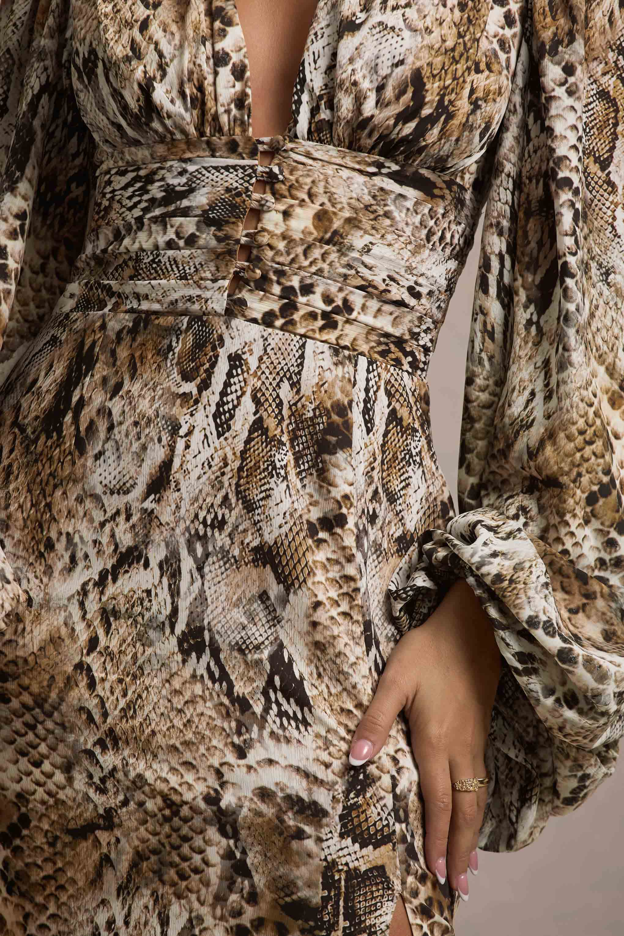 Casarile Snake Print V Neck Balloon Sleeve Maxi Dress