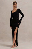 Cosmos Black Asymmetric Long Sleeve Split Maxi Dress