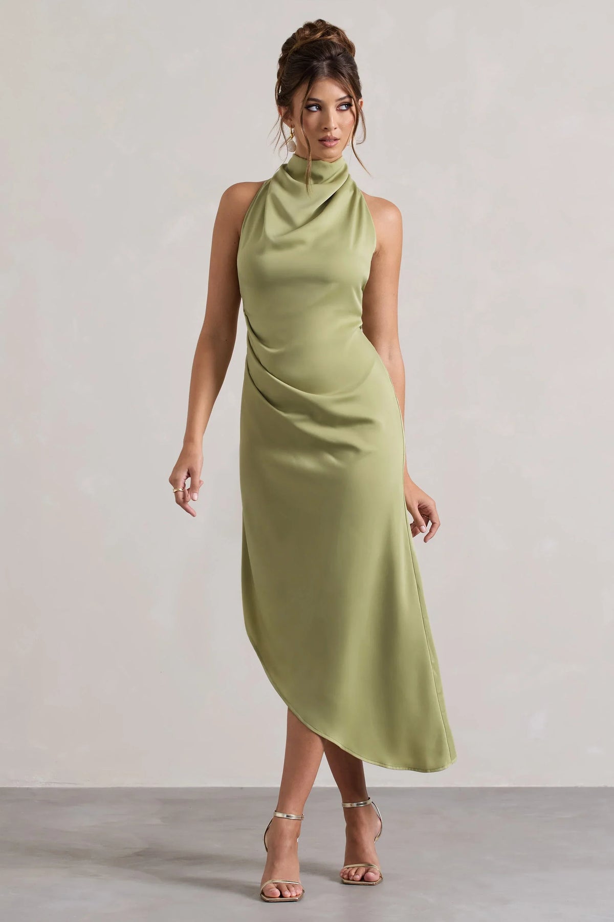Sophina Light Olive Satin Cowl Neck Asymmetric Midi Dress