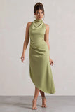 Sophina Light Olive Satin Cowl Neck Asymmetric Midi Dress