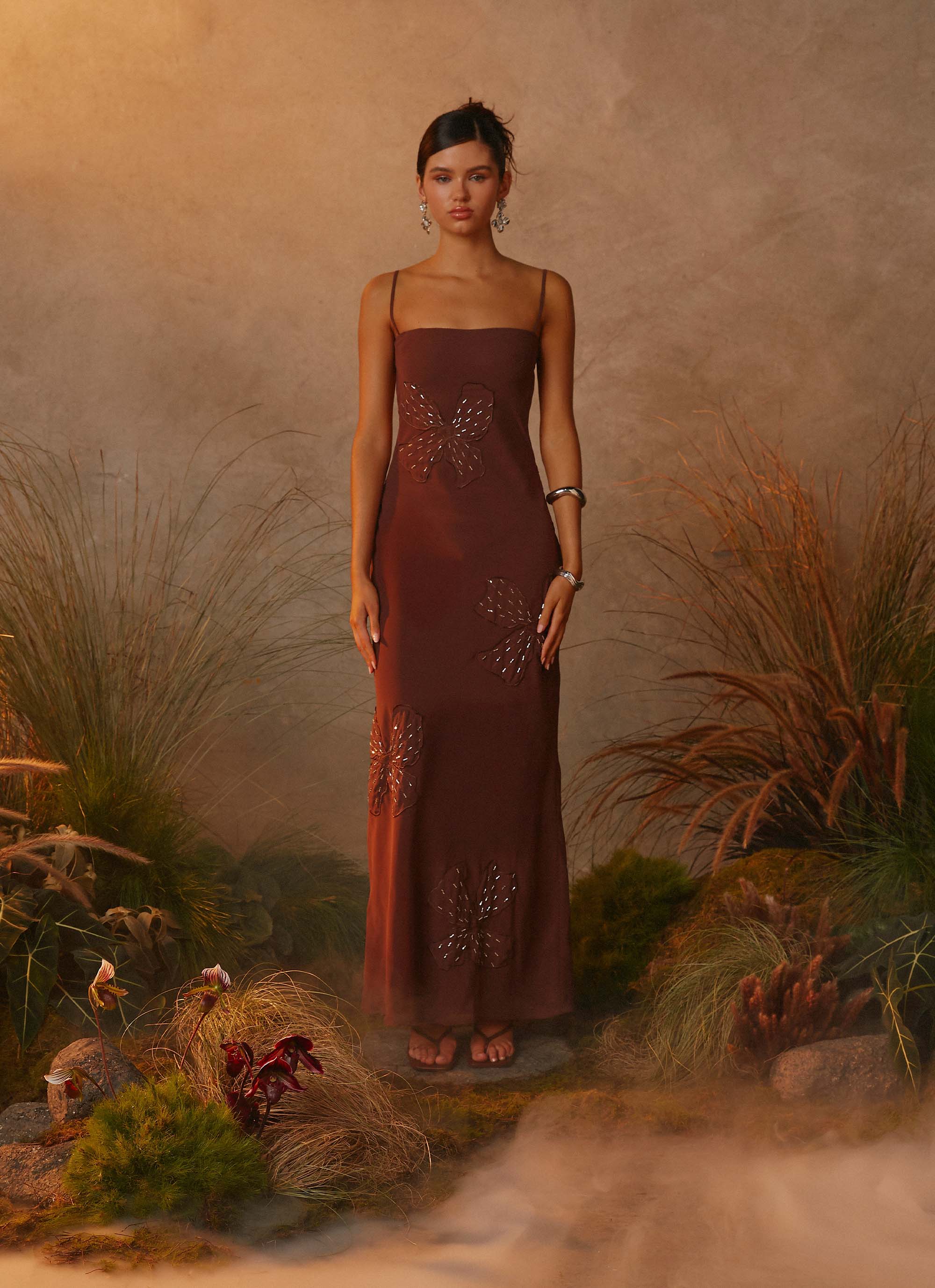 Bayla Beaded Flower Maxi Dress Chocolate