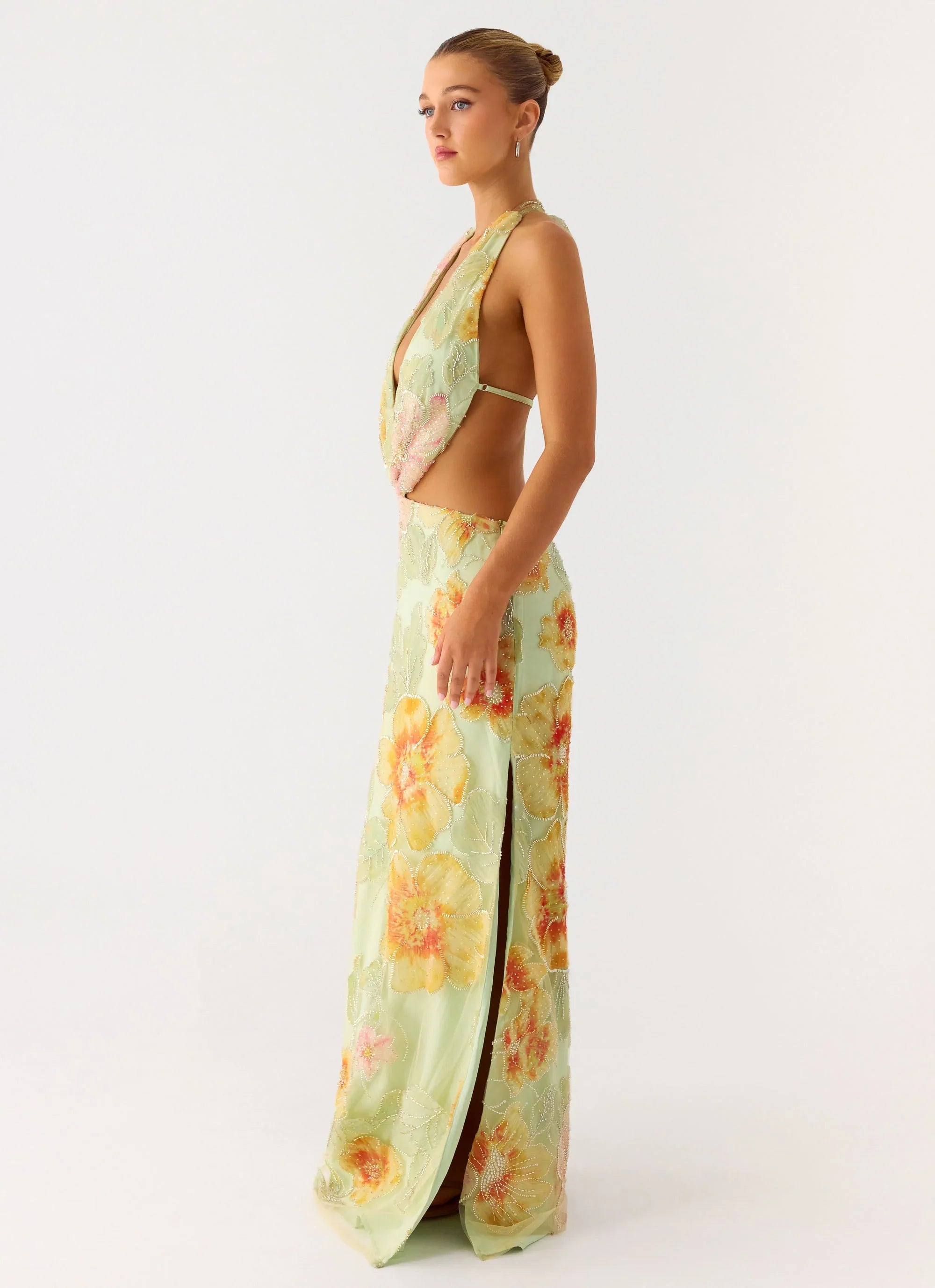 Really Something Beaded Maxi Dress Green Floral Beaded