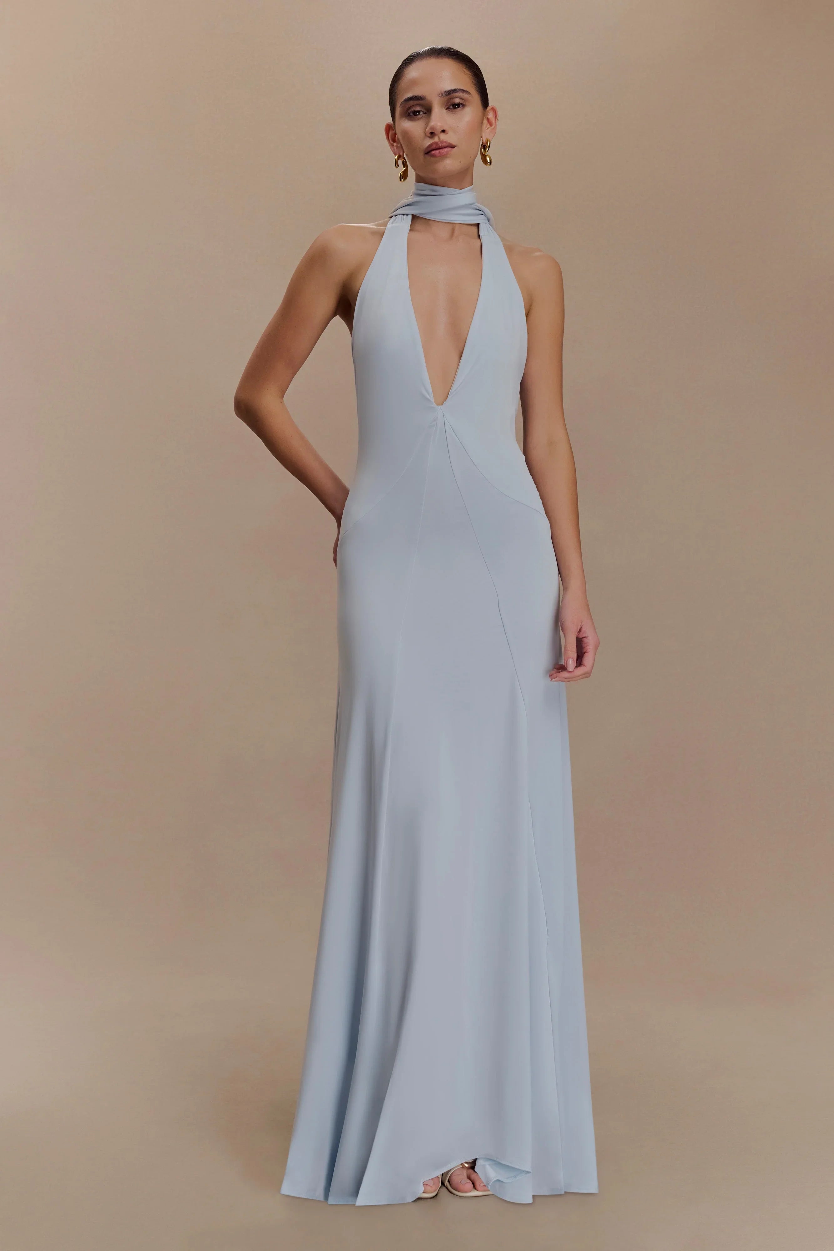 Juliet Slinky Maxi Dress With Scarf Pale Blue