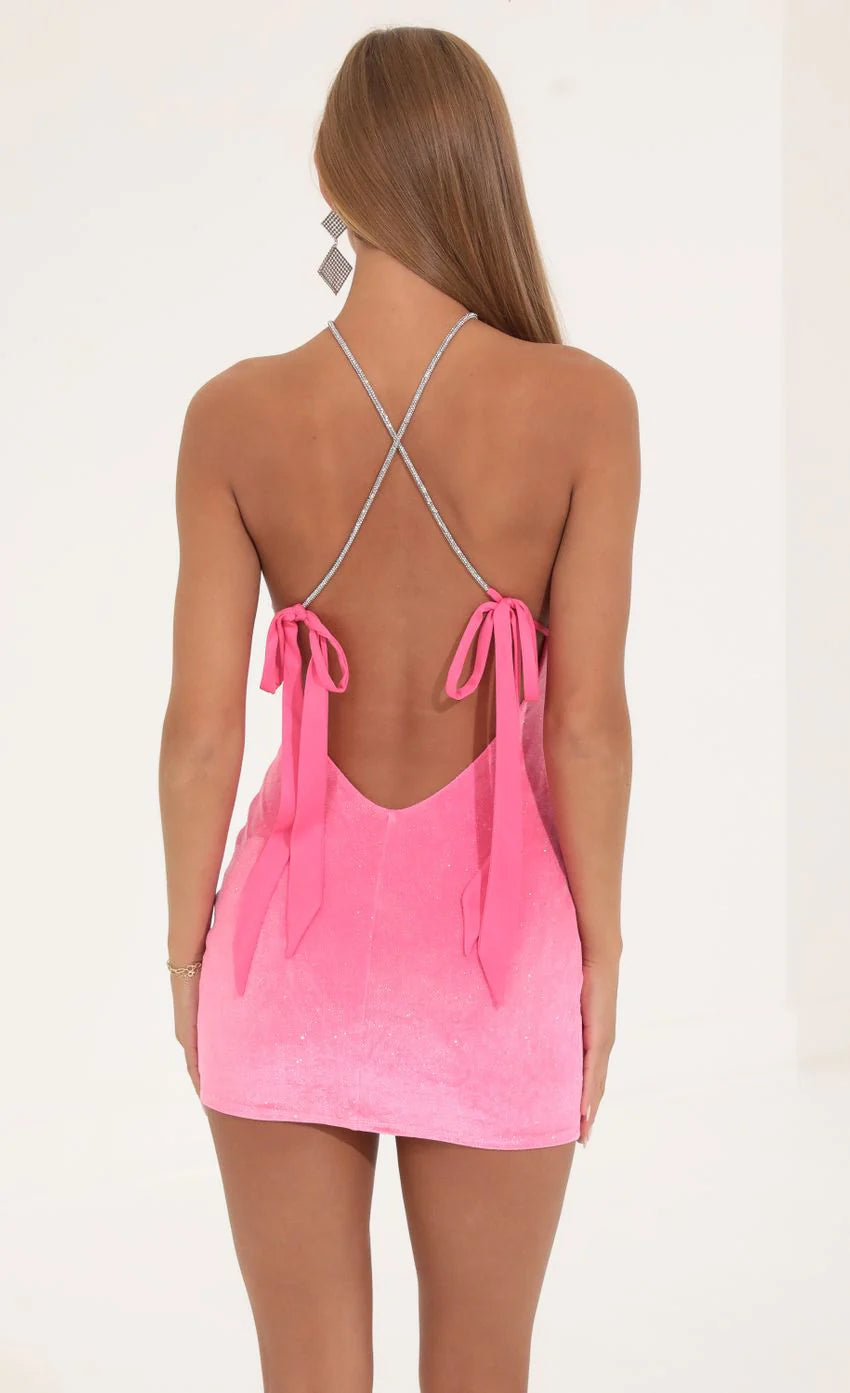 Velvet Glitter Halter Dress in Pink
