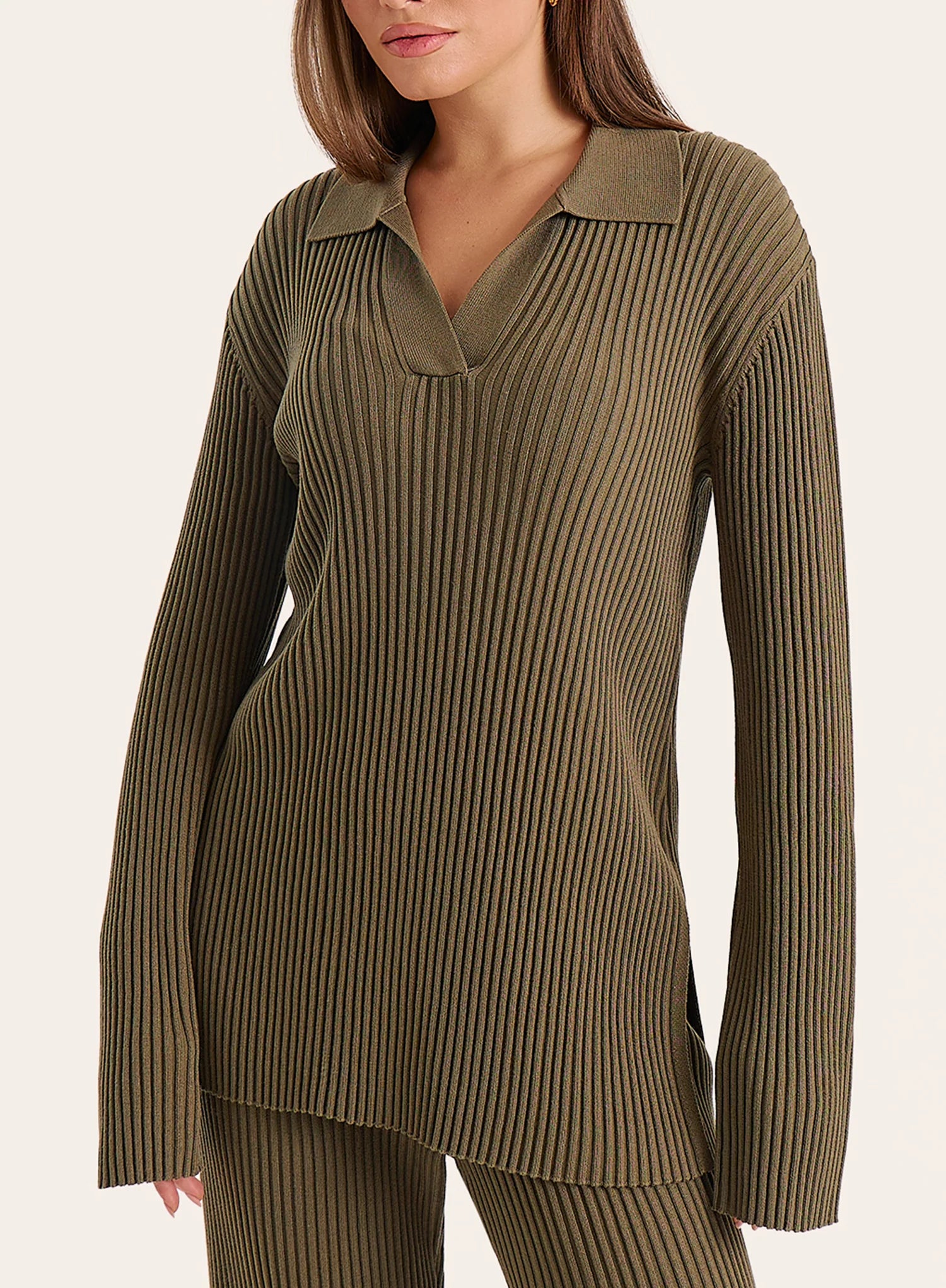 Olive Knitted Long Sleeve Polo Top