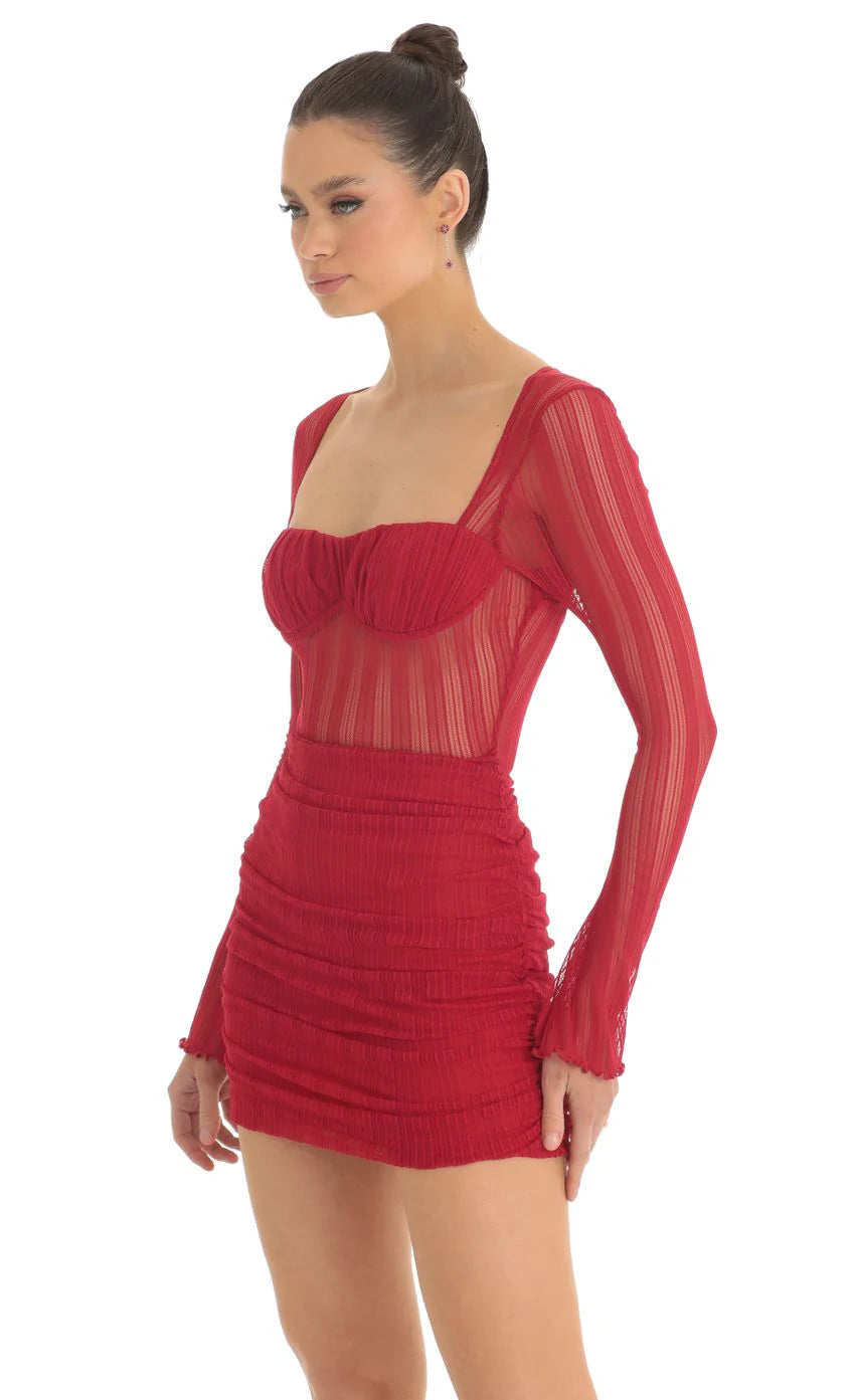 Sheer Mesh Long Sleeve Dress in Red