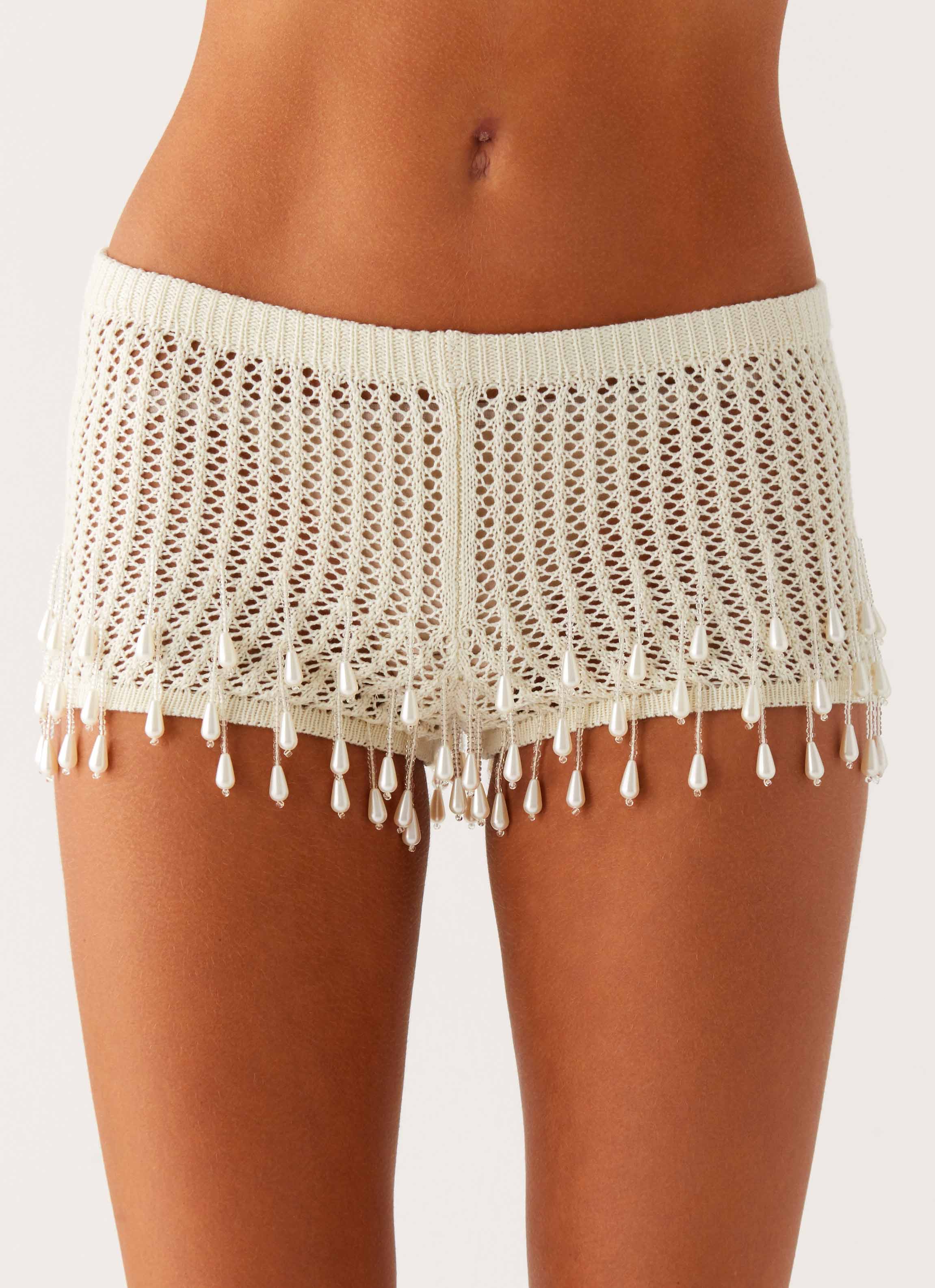 Pearl Shore Beaded Crochet Mini Shorts Ivory