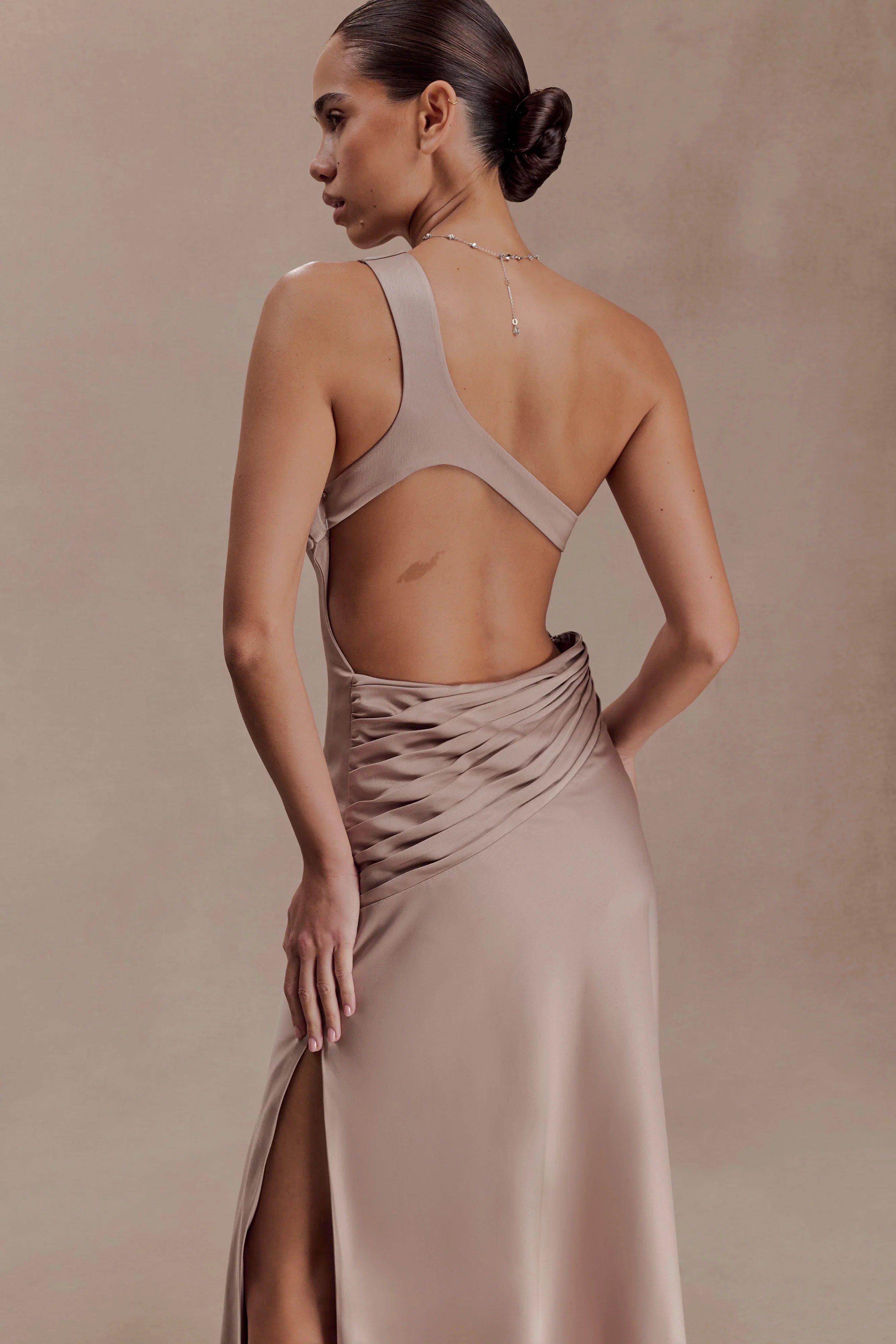 Lyla Asymmetrical Satin Maxi Dress Bronze Taupe