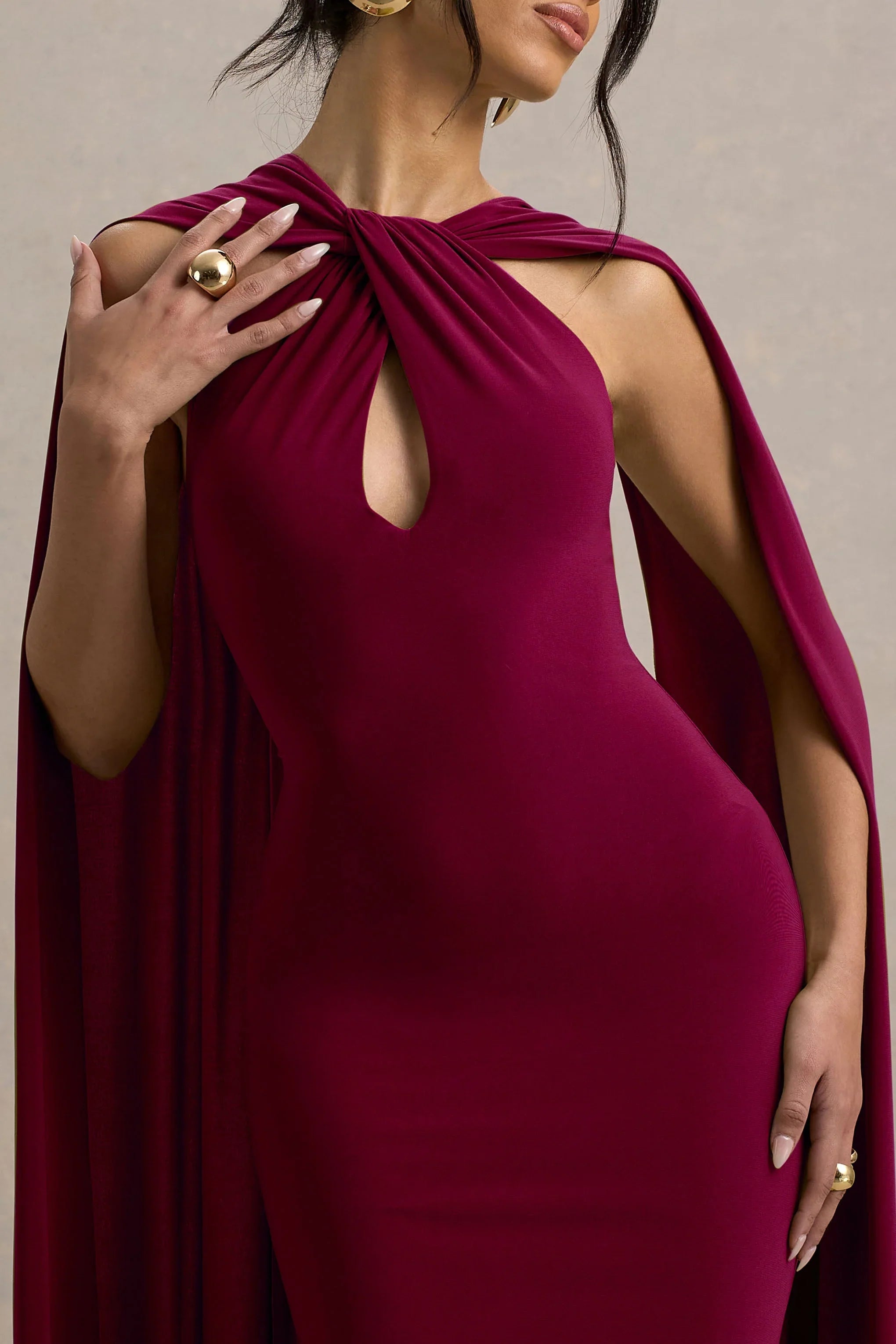 Rhoda Burgundy Twist Halter Neck Cape Maxi Dress