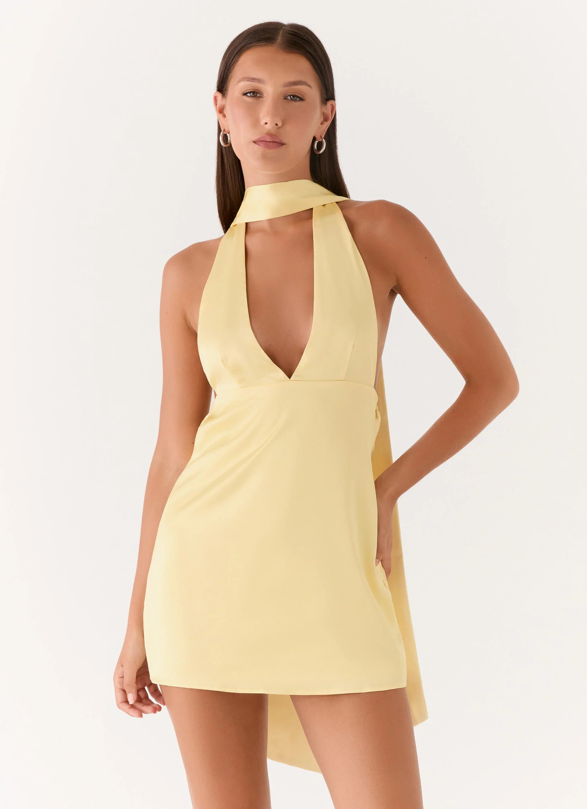 Alicia Satin Halter Mini Dress Pastel Yellow