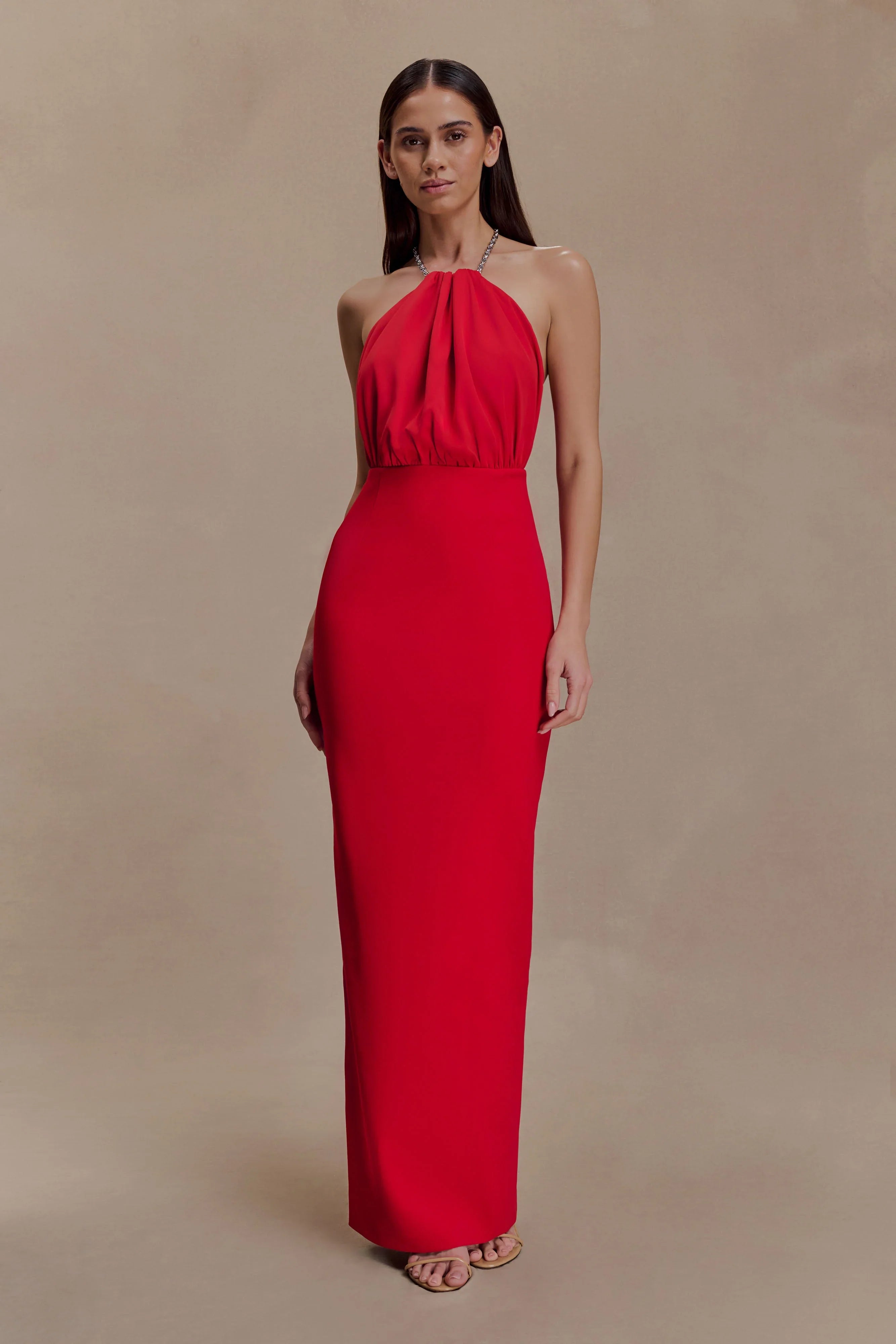 Elina Satin Necklace Maxi Dress Red