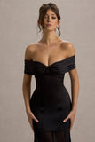 Anders Black Satin Bardot Maxi Dress With Sheer Skirt