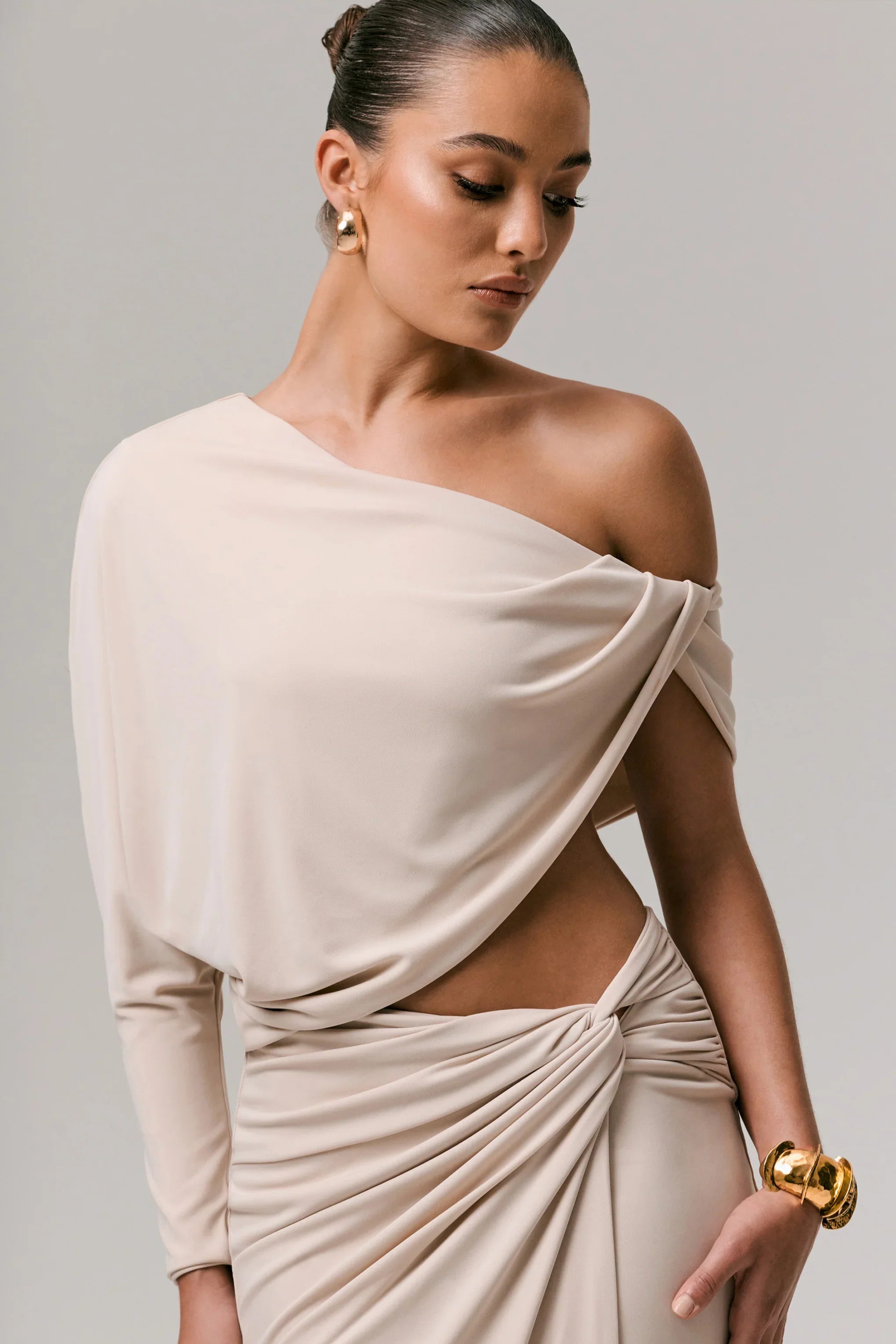 Dua Stone Asymmetric One Sleeve Draped Top