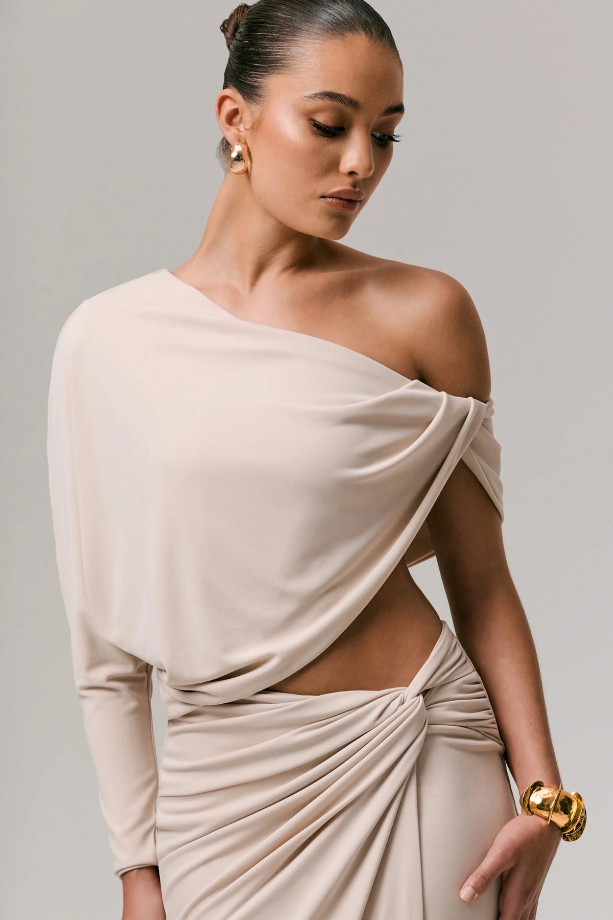 Dua Stone Asymmetric One Sleeve Draped Top