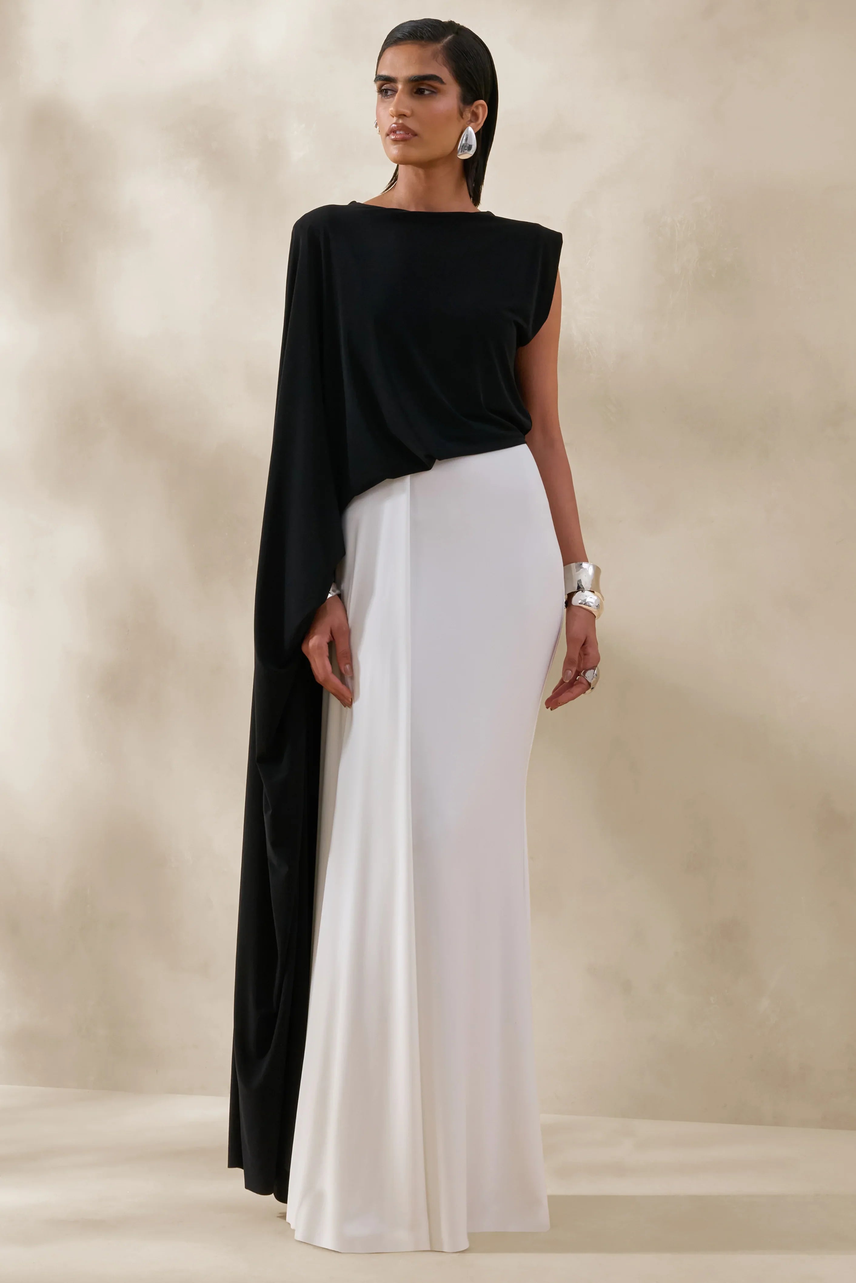 Carenza Black White Wide Neck Maxi Dress With Cape Sleeve