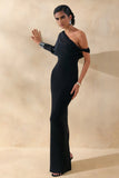 Milania Black Asymmetric Neck Maxi Dress With Twist Sleeve