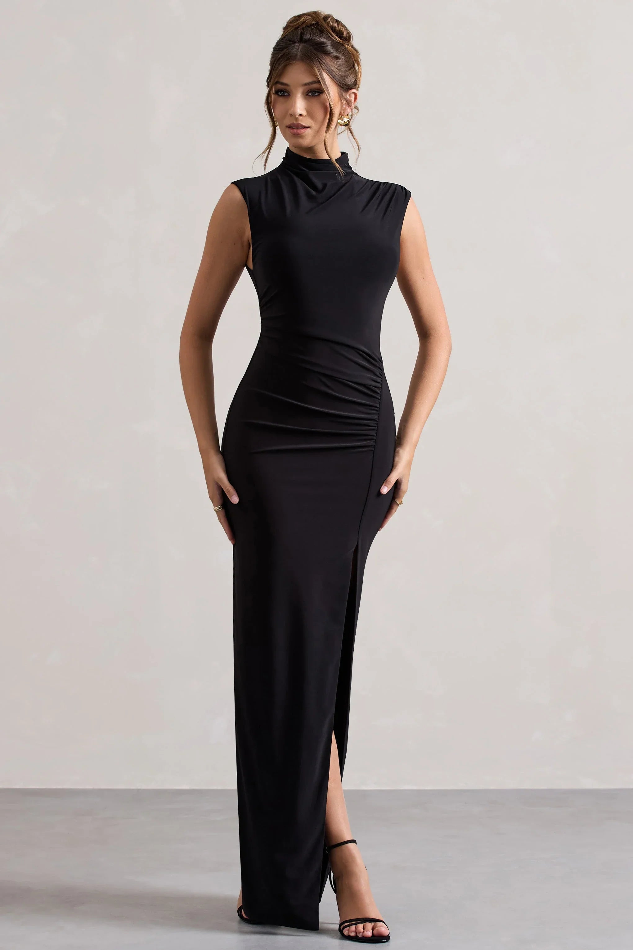 Lanetta Black Ruched High Neck Maxi Dress With Split