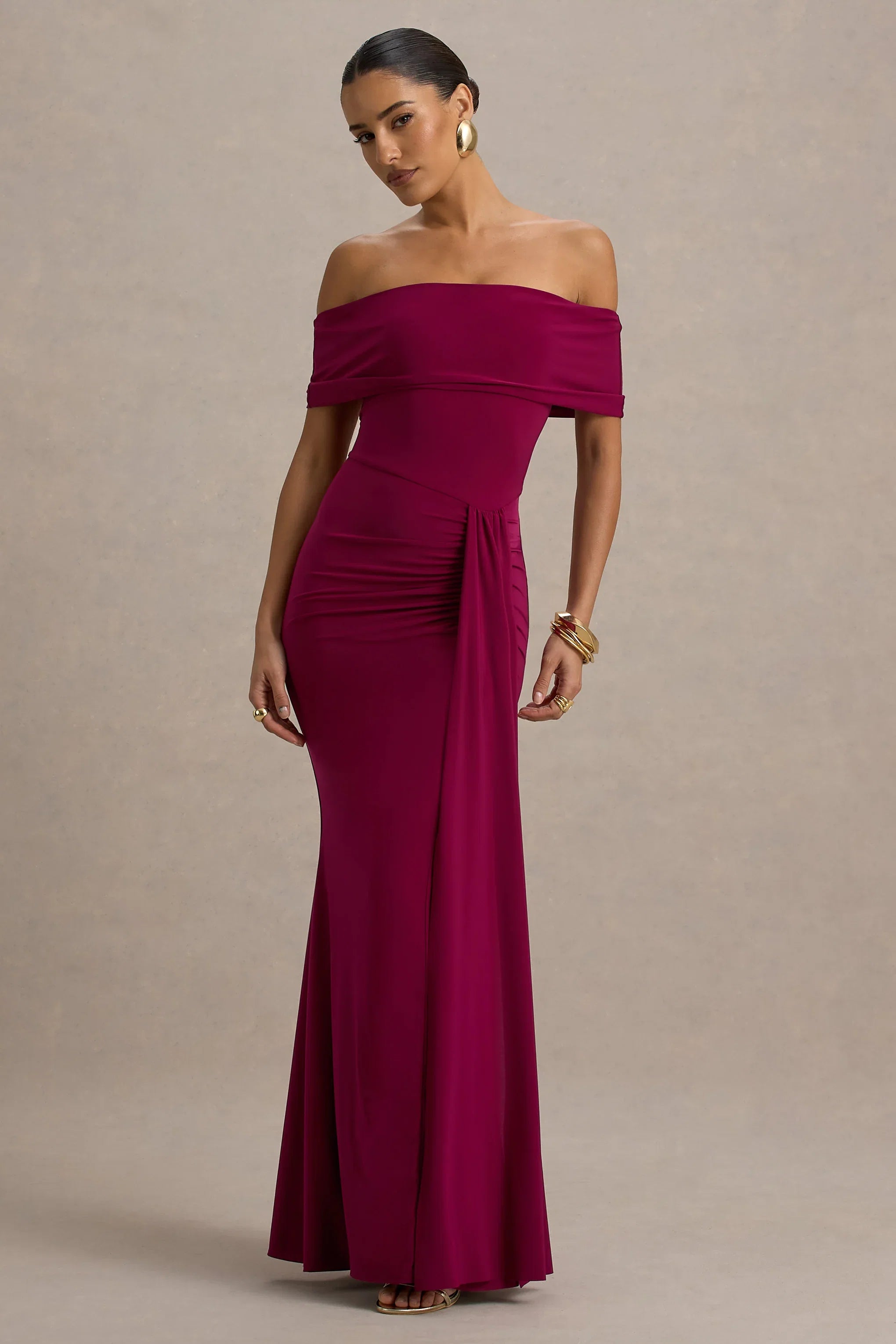 Delma Burgundy Bardot Maxi Dress With Drape Detail