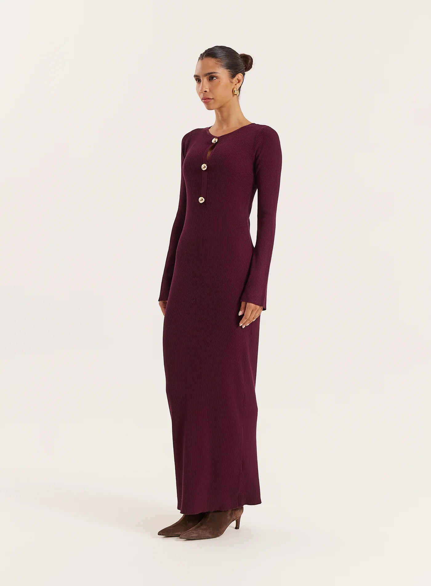 Plum Cut Out Flare Sleeved Knitted Maxi Dress