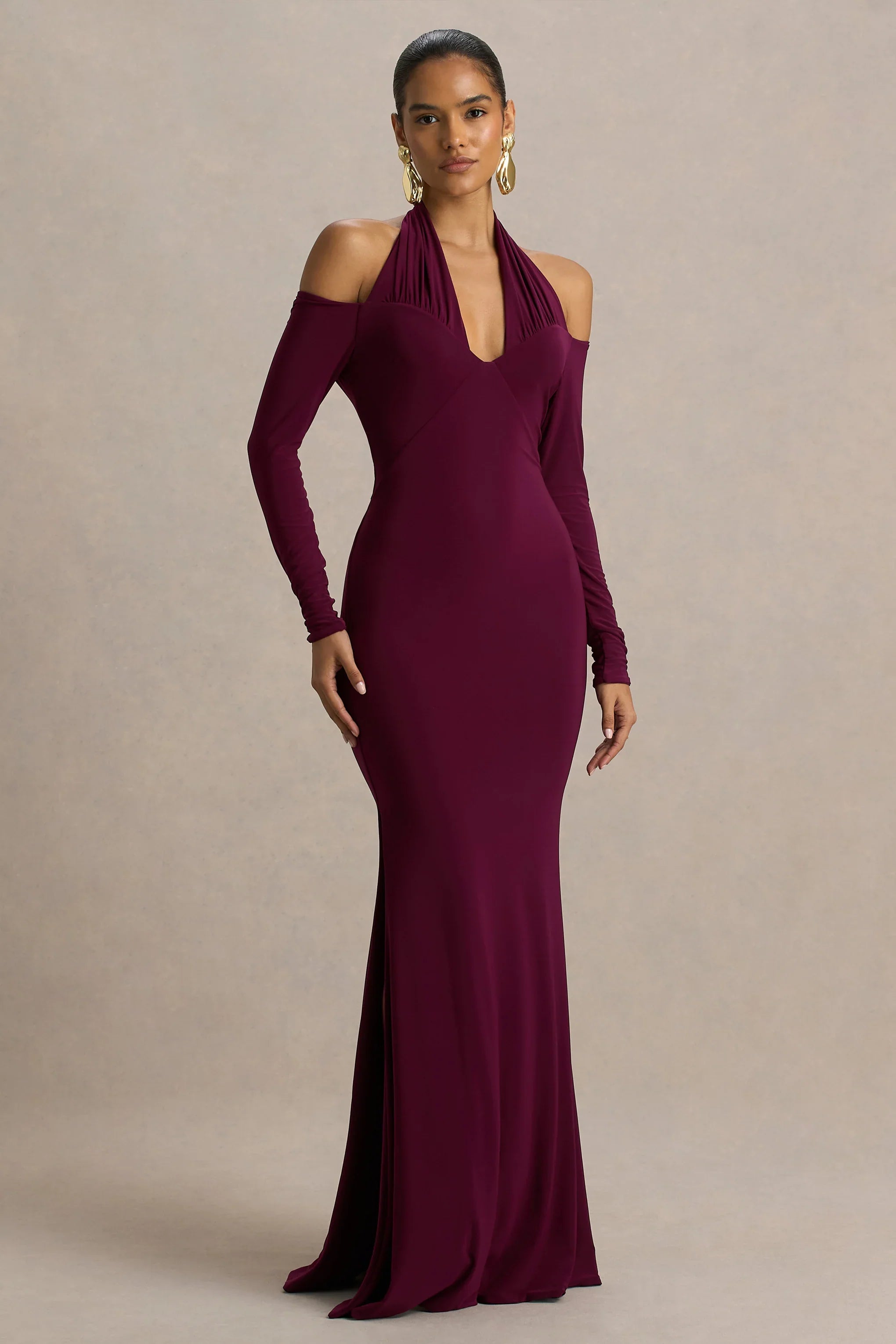 Living High Burgundy Halter Neck Maxi Dress With Long Sleeves