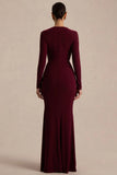 Command Burgundy Plunge Neck Maxi Dress With Front High Split