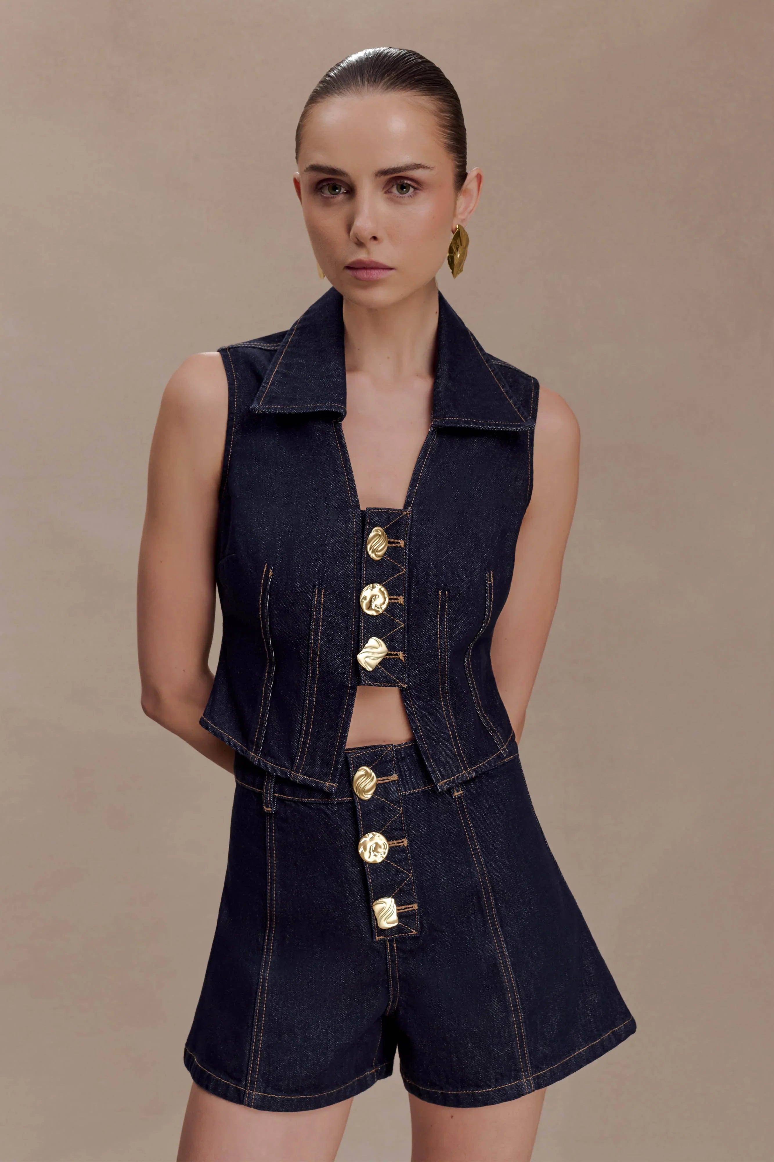 Shona Denim Vest With Decorative Buttons Washed Indigo Blue