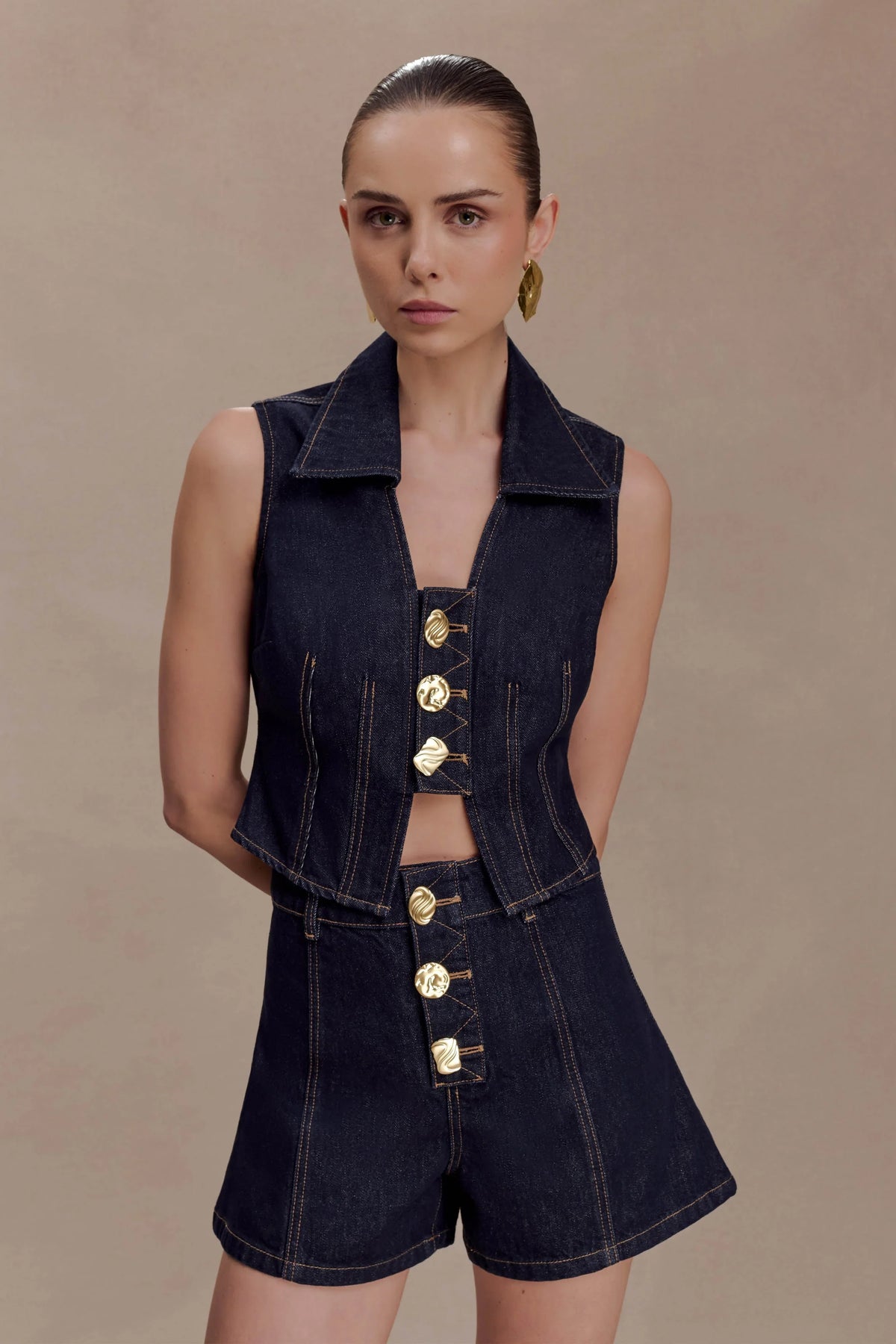 Shona Denim Vest With Decorative Buttons Washed Indigo Blue