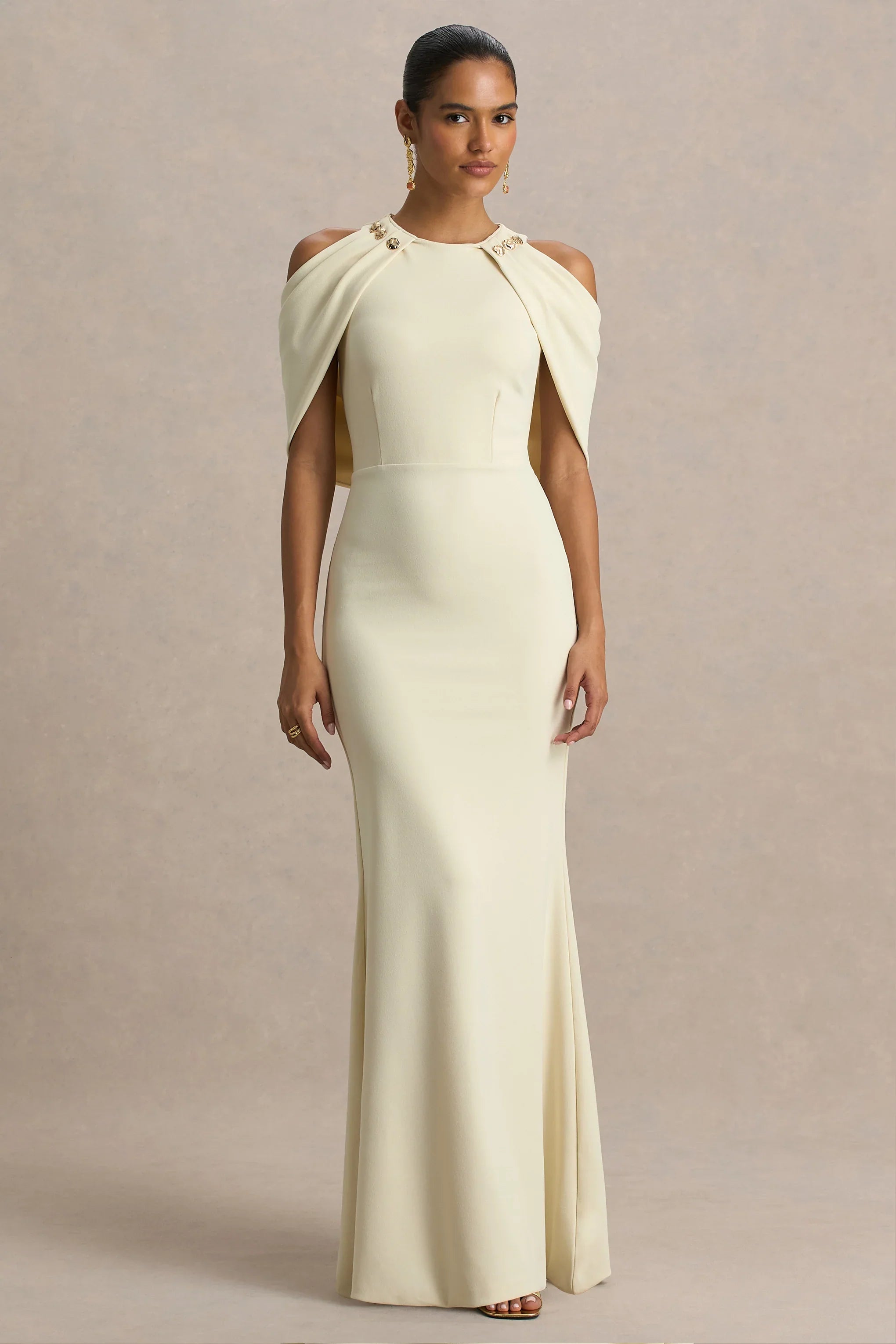 Yulia Sand High Neck Maxi Dress With Cape Sleeves