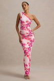 Dalarie Pink and Orange Floral Print One Shoulder Gathered Maxi Dress
