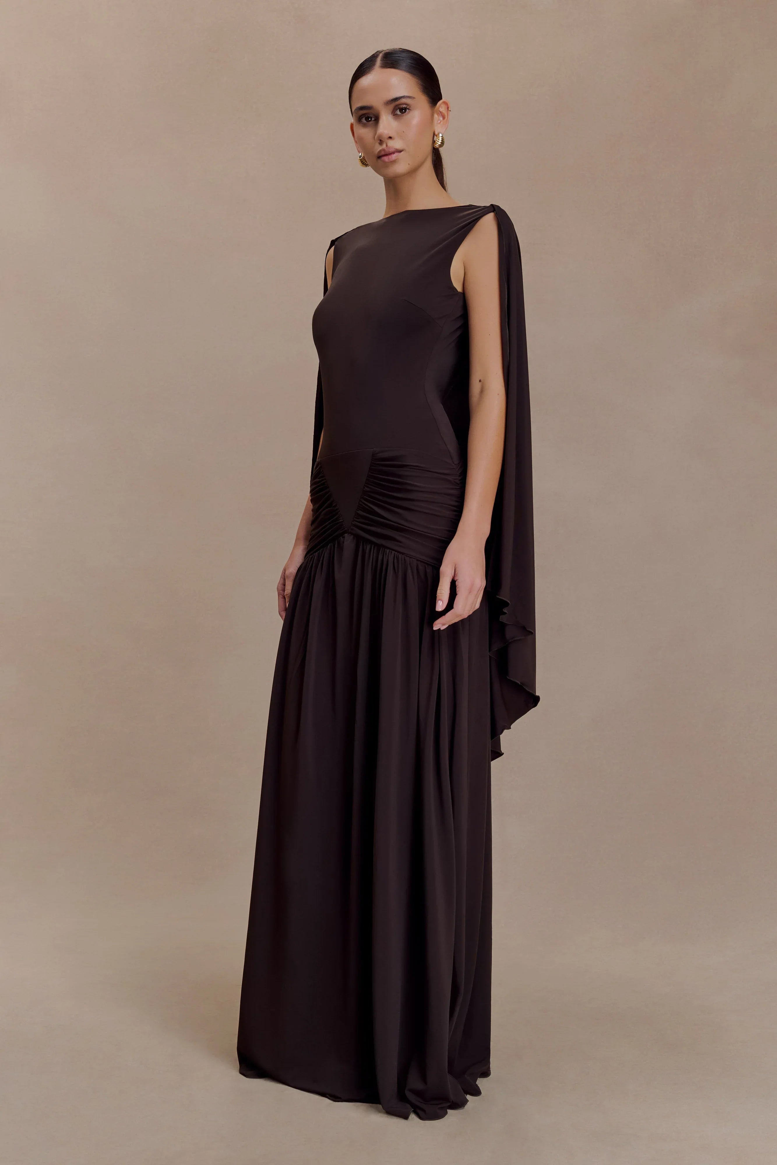 Emory Jersey Cape Maxi Dress Chocolate