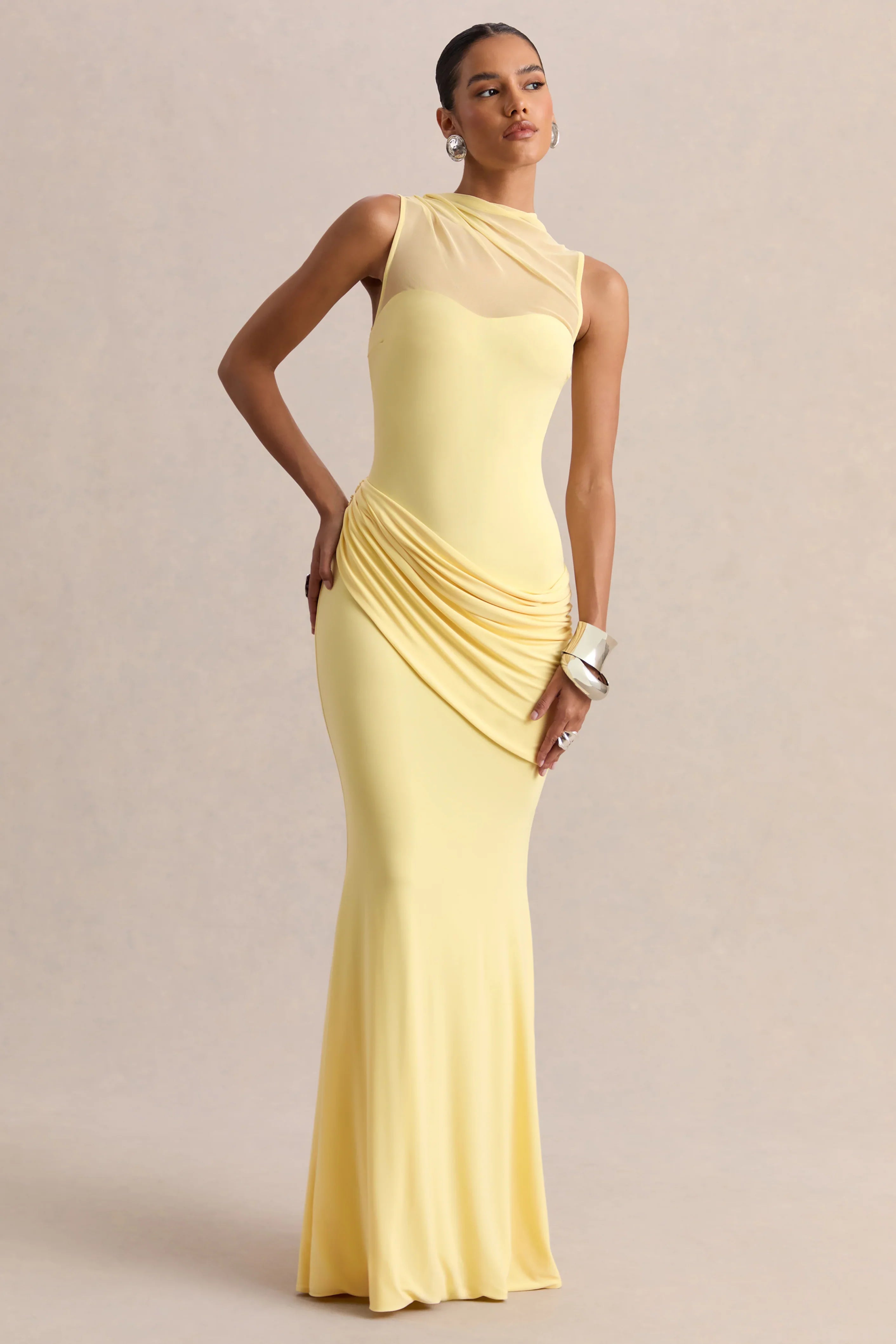 Lyssy Lemon High Neck Maxi Dress With Mesh Detail