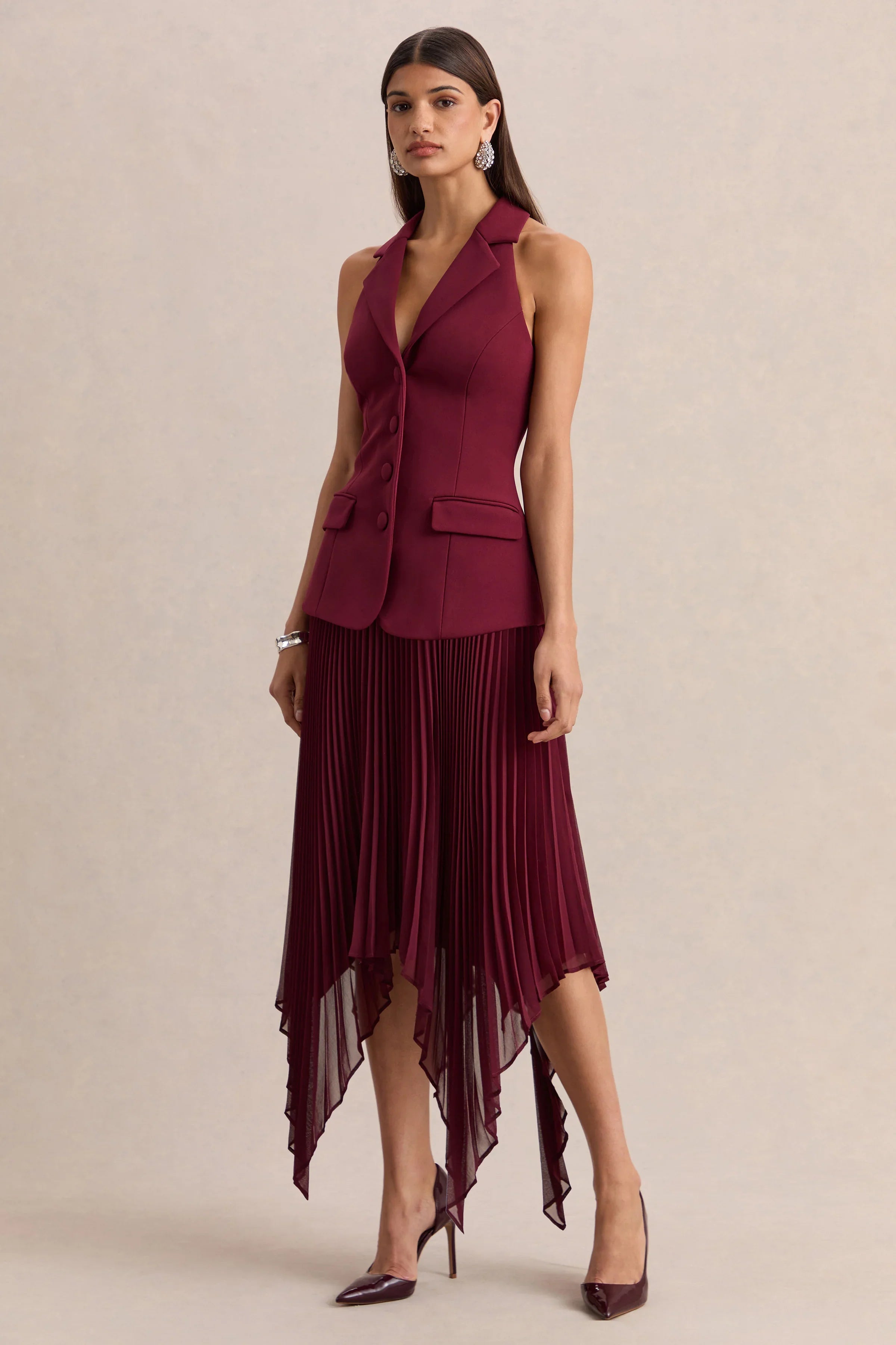 Marvelle Burgundy Plunge Neck Maxi Dress With Hanky Hem
