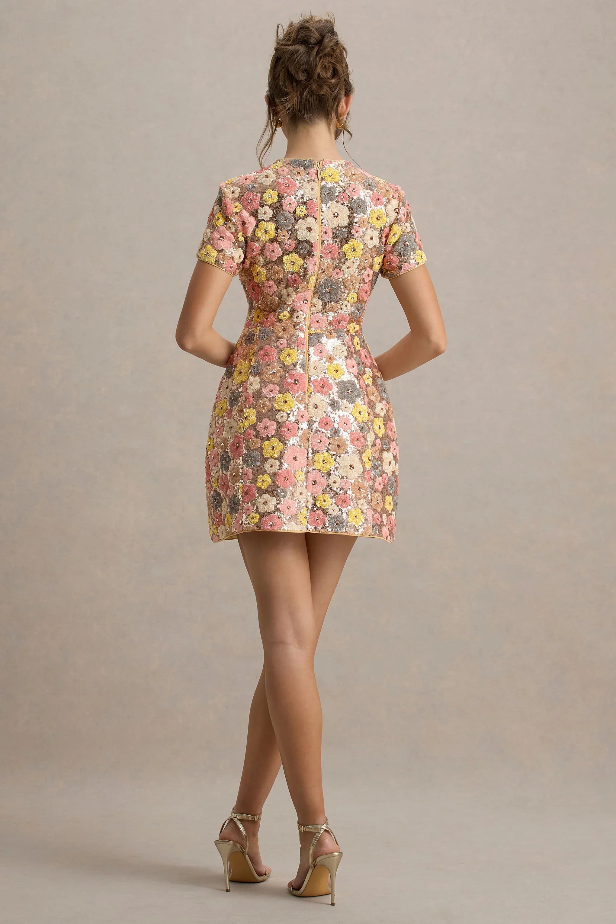 Eira Pastel Floral Print Embellished Mini Dress