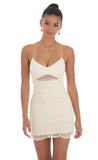 Dotted Mesh Ruched Dress in Cream